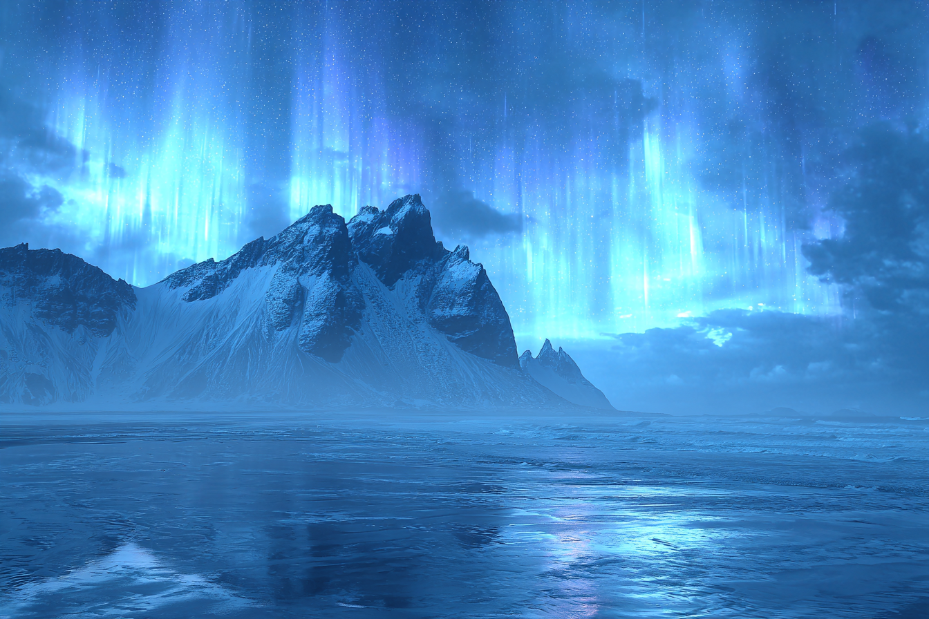 Polarlicht Atemberaubende Landschaft Mit Auroren Und Bergblick | Fjorde und Gletscher | Landschaften