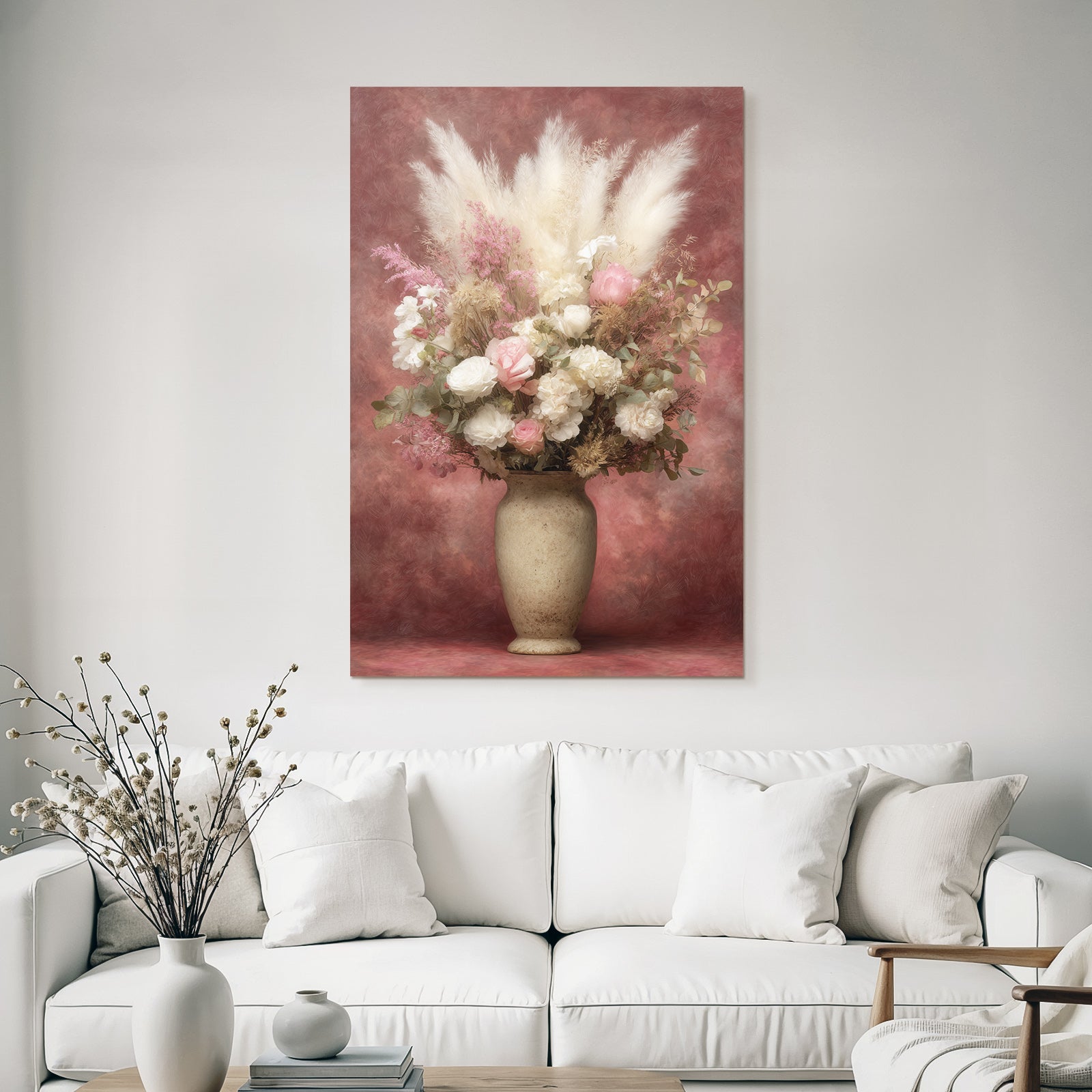Trocken Retro Flowers Arrangement In Dekorativem Vase Mit Rosen Und Getrockneten Blüten