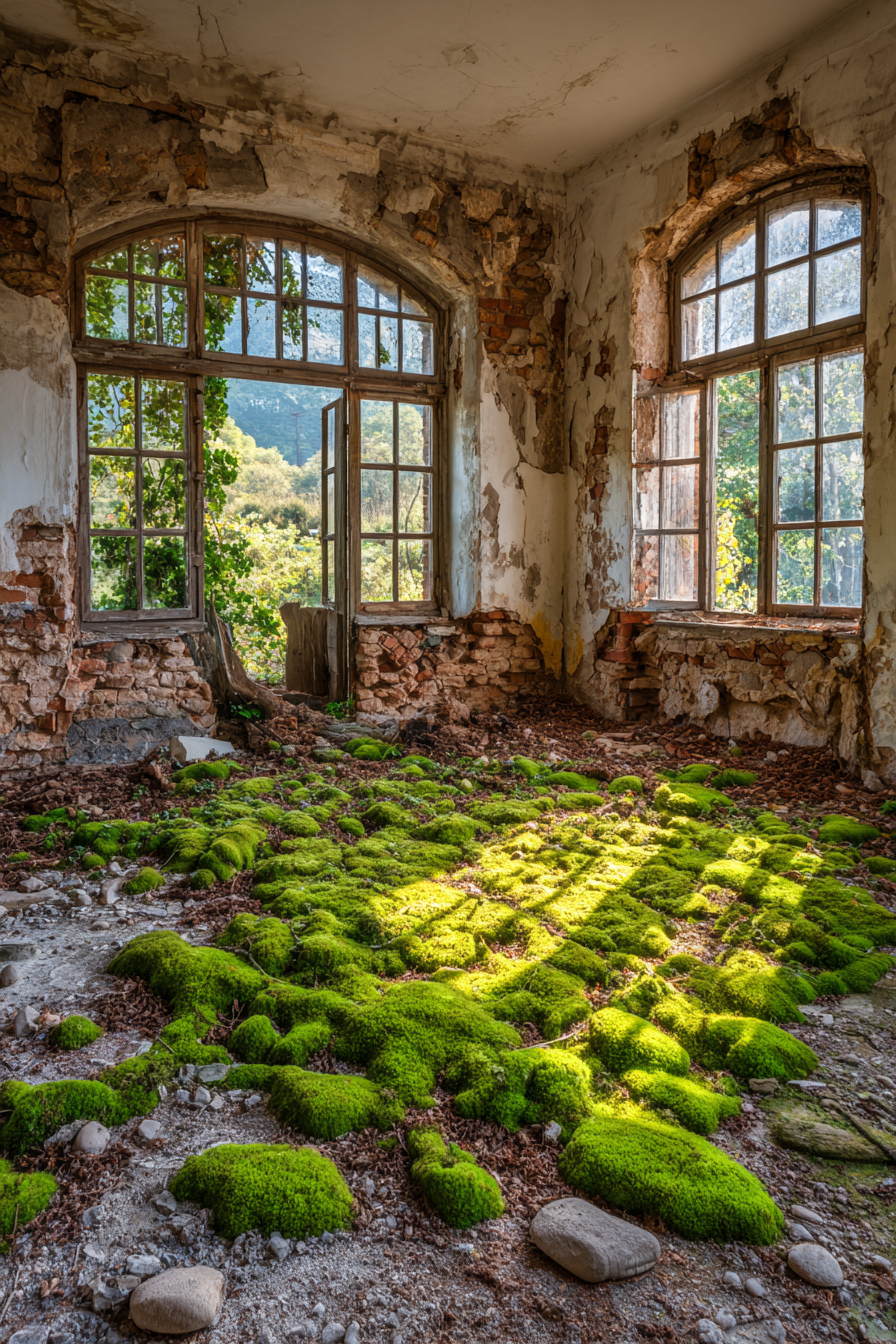 Verlassener Raum Mit Moos Und Zerfallenen Wänden | Lost Places | Architektur
