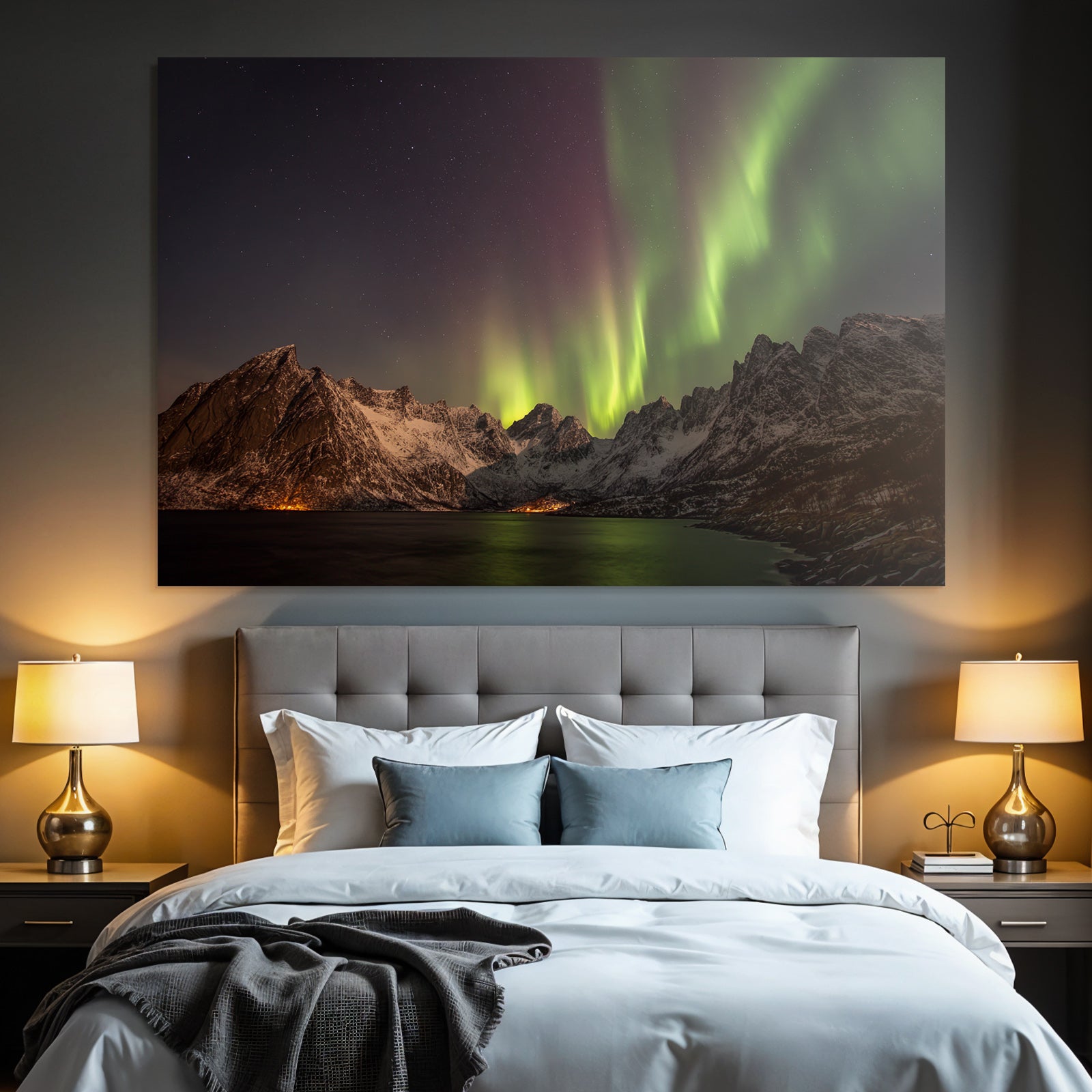 Polarlicht Aurora Borealis Schnee Bedeckte Berge Sternenhimmel | Fjorde und Gletscher | Landschaften
