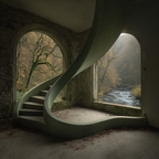 Verlassener Innenraum Moderne Spiraltreppe Herbstliche Aussicht Pflanzenwelt | Lost Places | Architektur