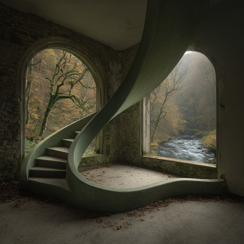 Verlassener Innenraum Moderne Spiraltreppe Herbstliche Aussicht Pflanzenwelt | Lost Places | Architektur