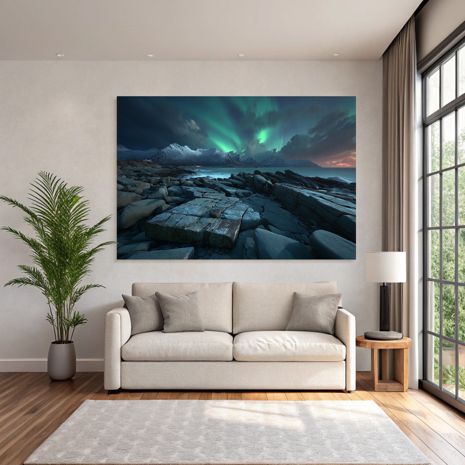 Polarlicht Rockige Küste Mit Aurora Borealis Und Schneebedeckten Bergen | Fjorde und Gletscher | Landschaften
