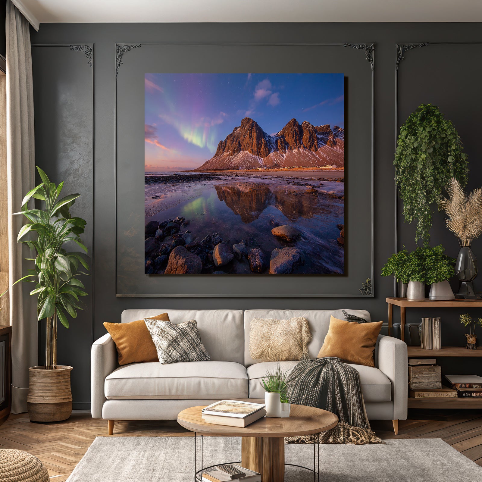 Polarlicht Berglandschaft Aurora Borealis Reflexion Wasser Natur | Fjorde und Gletscher | Landschaften
