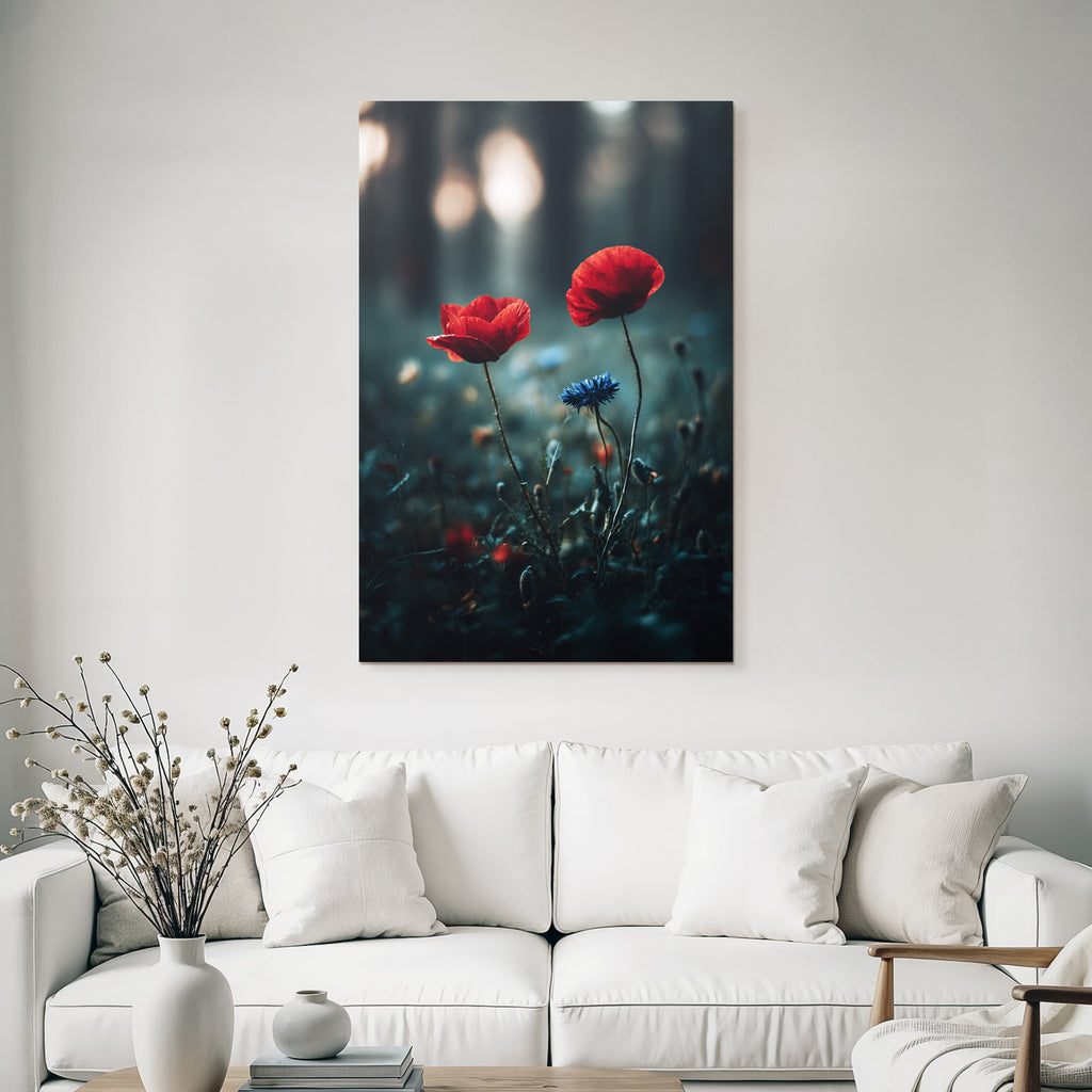 Rote Mohn Und Blaü Kornblume Im Morgendunst