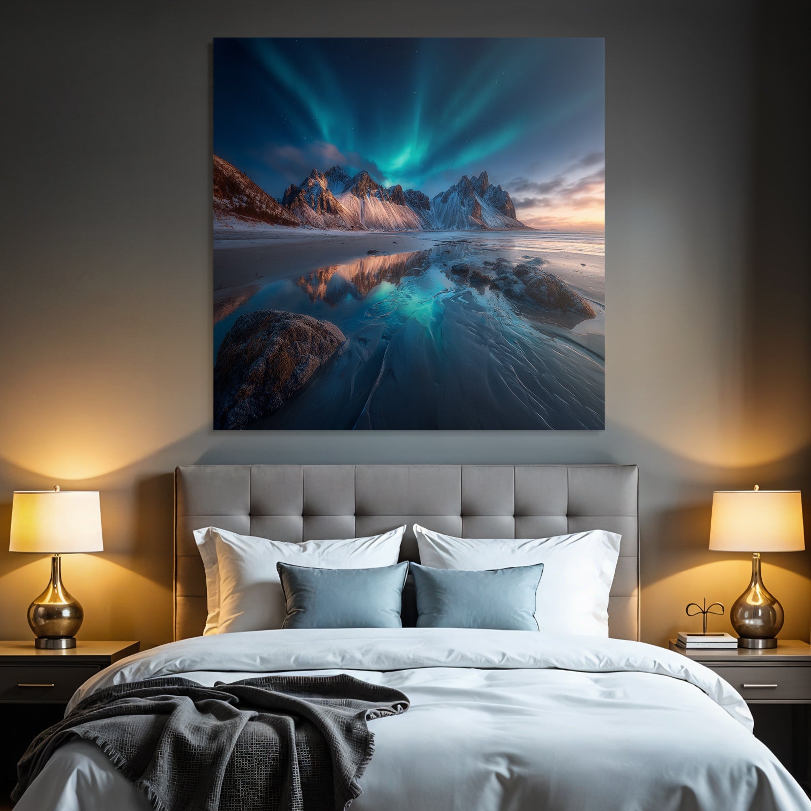 Polarlicht Nordlich Landschaft Mit Aurora Borealis Am Ufer | Fjorde und Gletscher | Landschaften