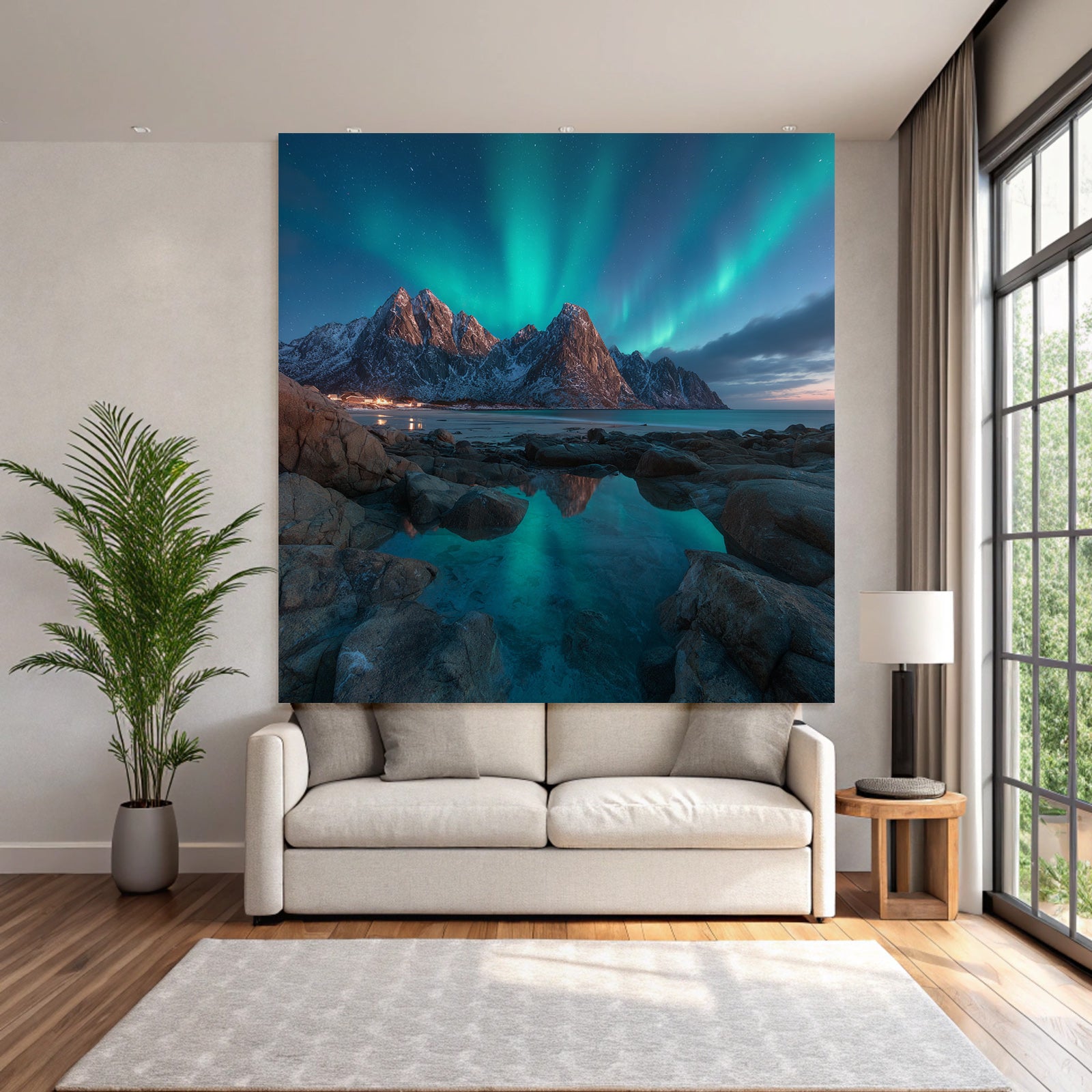 Polarlicht Nordlichter Berggipfel Reflexion Wasser Schnee Landschaft | Fjorde und Gletscher | Landschaften