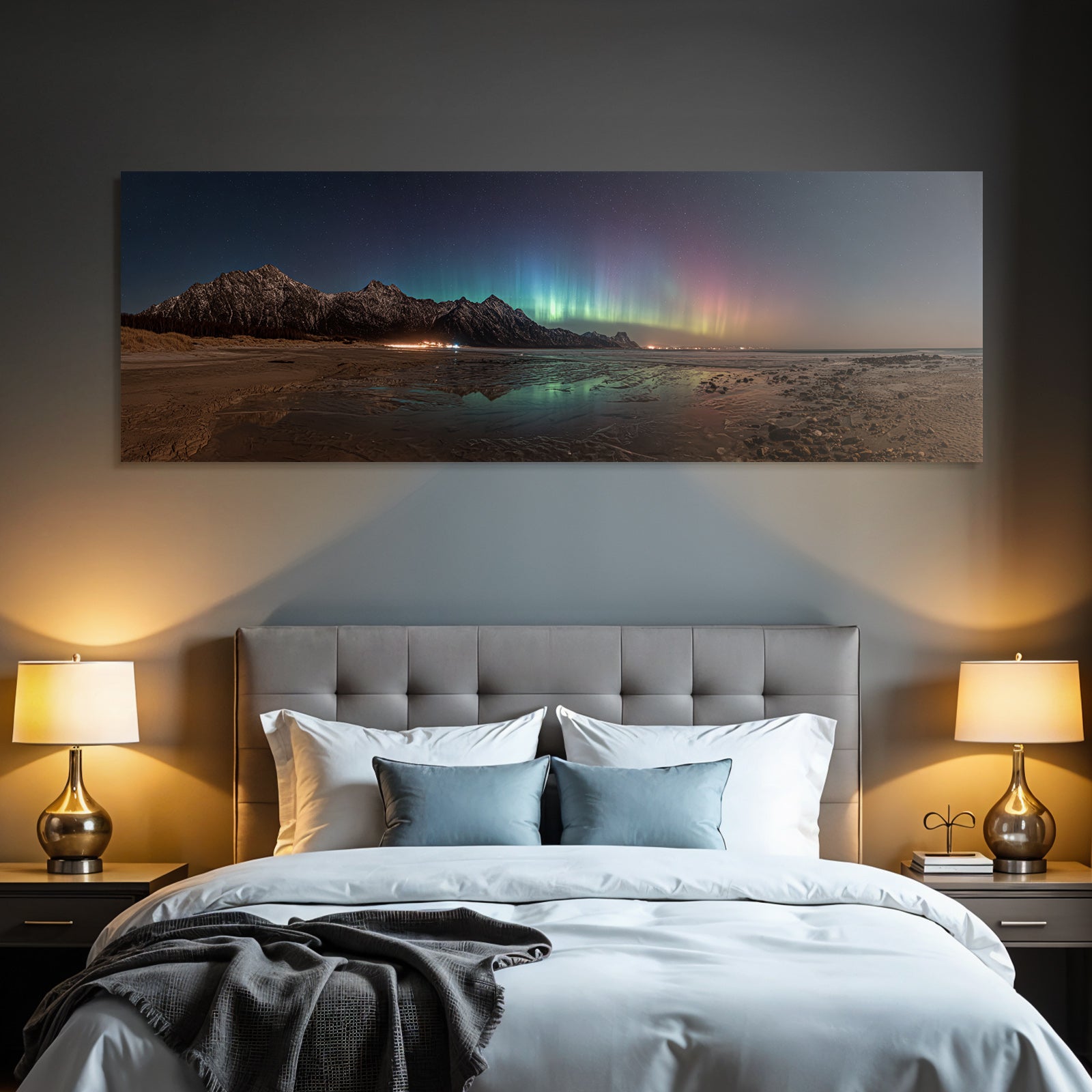 Polarlicht Panoramablick Berge Strand Nacht Himmelsaura Borealis | Fjorde und Gletscher | Landschaften