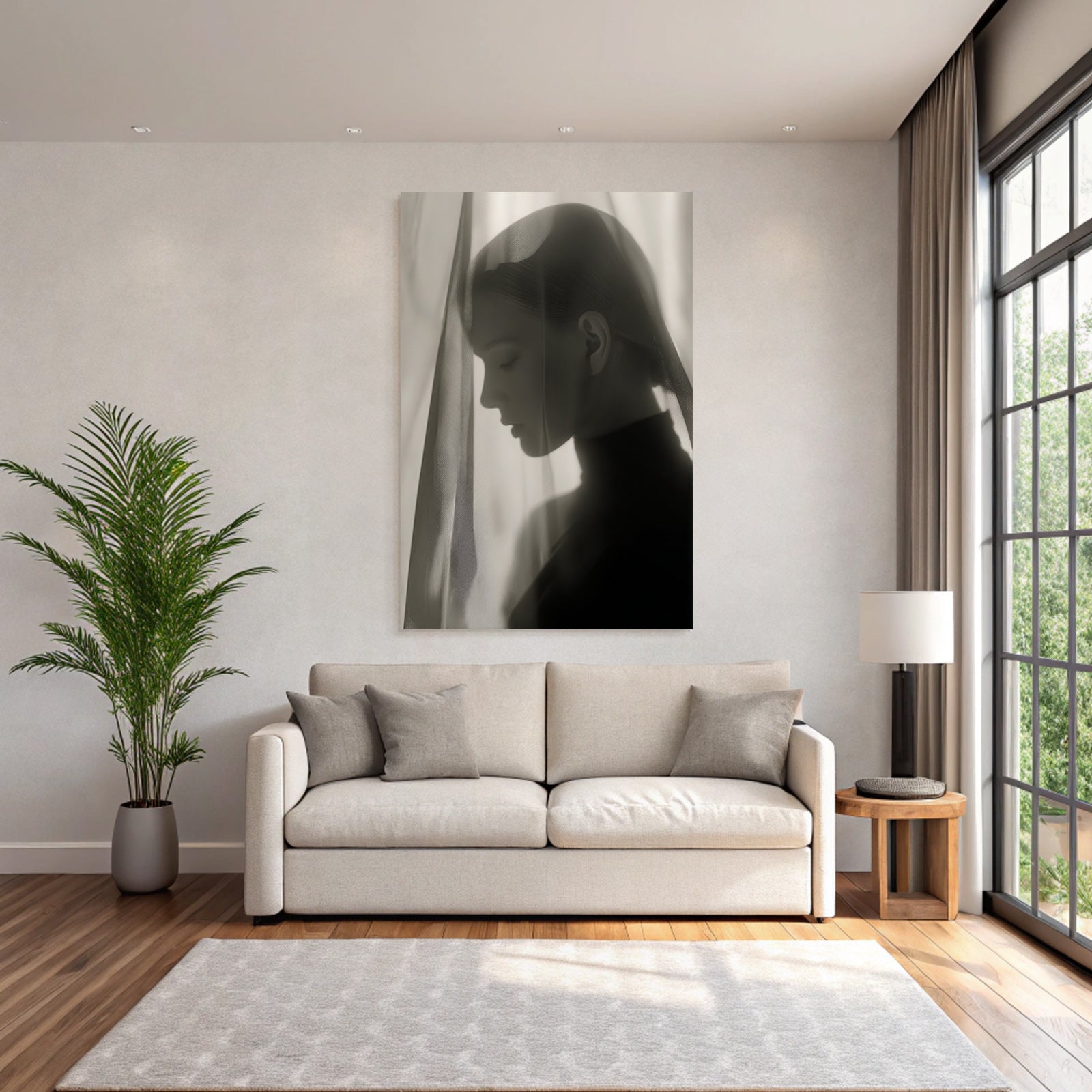 Monochrome Portrait Mit Sheer Stoff Introspektiv Lichtspiel | Aktkunst und Sinnlichkeit | Menschen und Emotionen