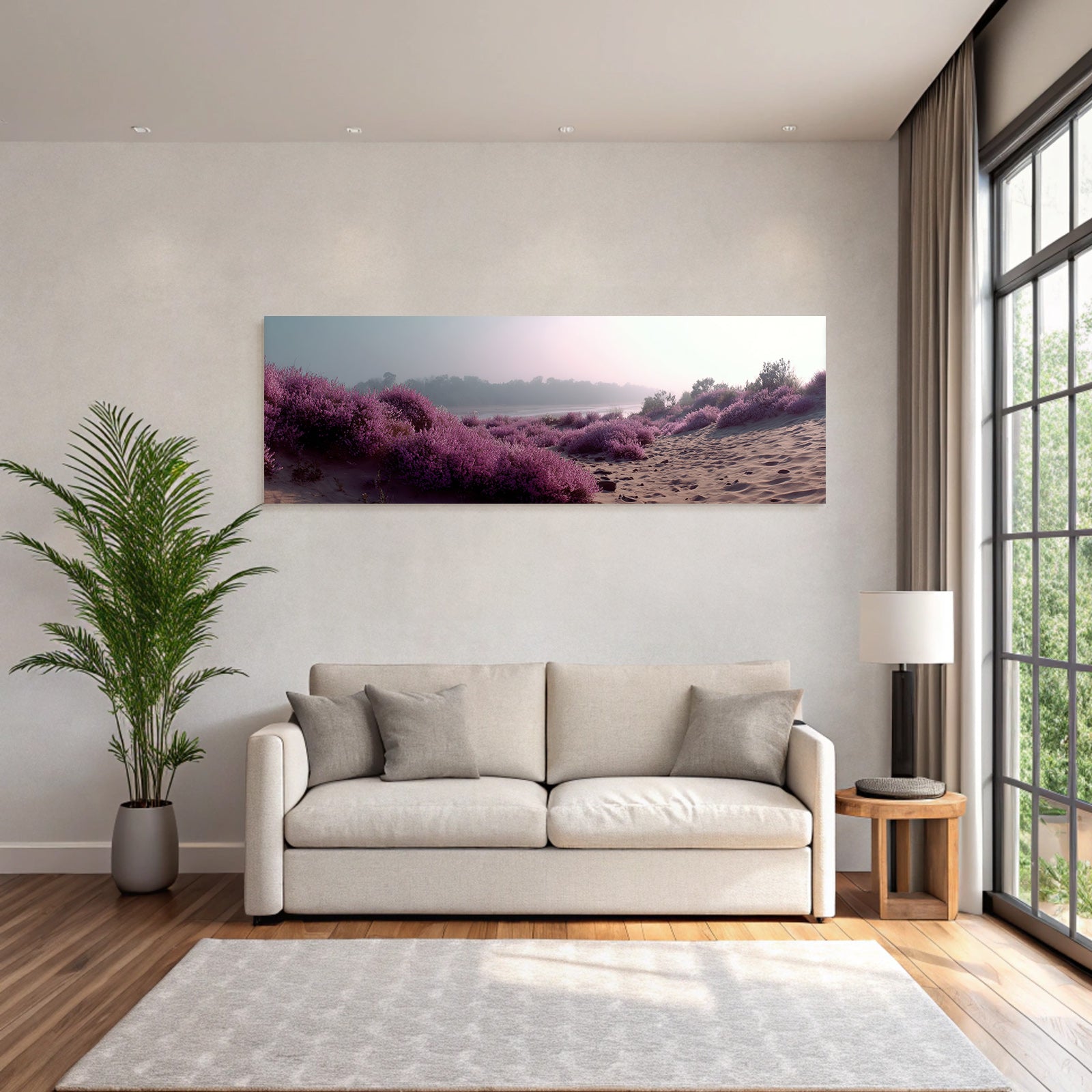 Tranquile Landschaft Mit Lila Blumen Nebeliger Hintergrund | Duenen und Heide | Landschaften