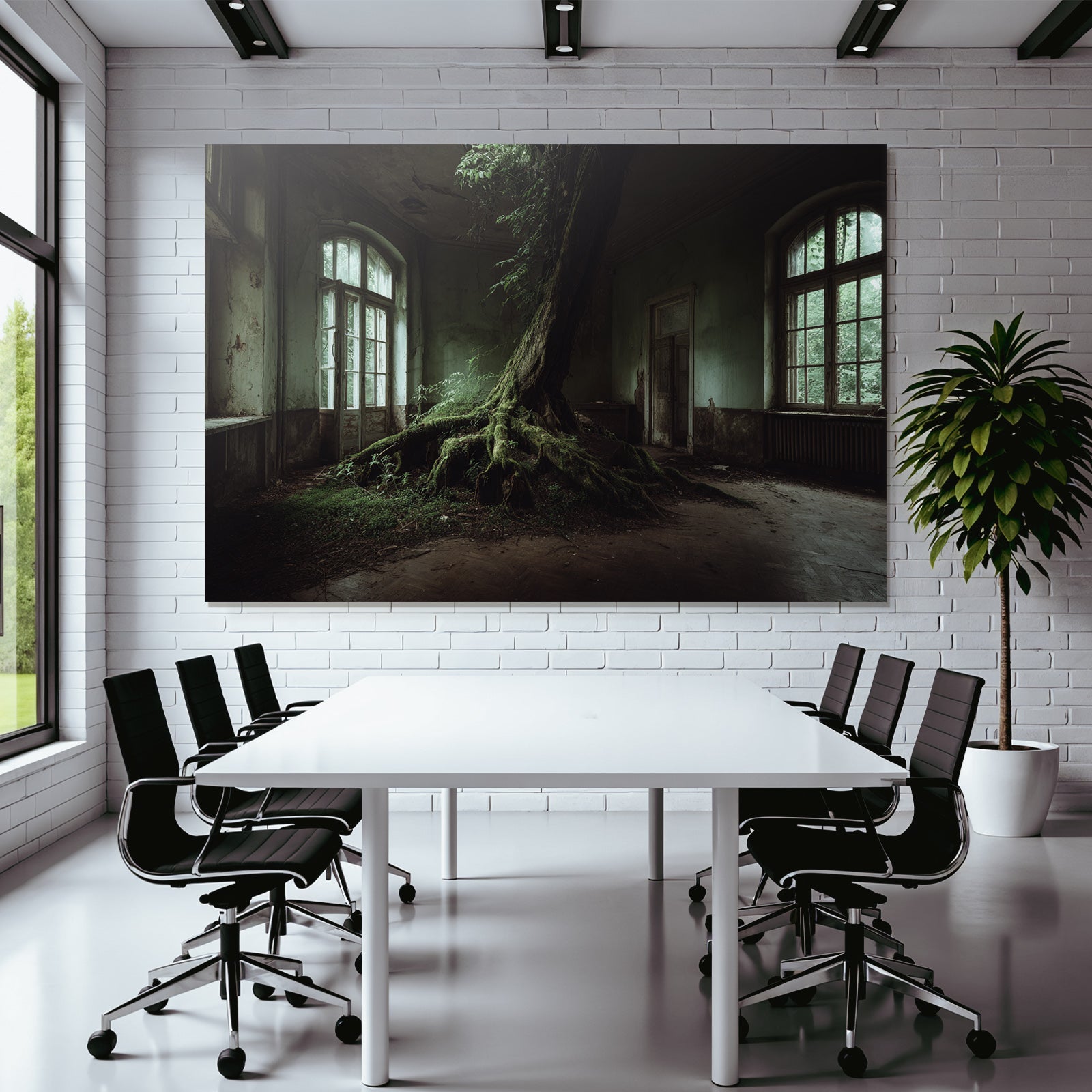 Abandoned Room With Tree Reclaiming Space Wettered Walls And Large Windows | Lost Places | Architektur