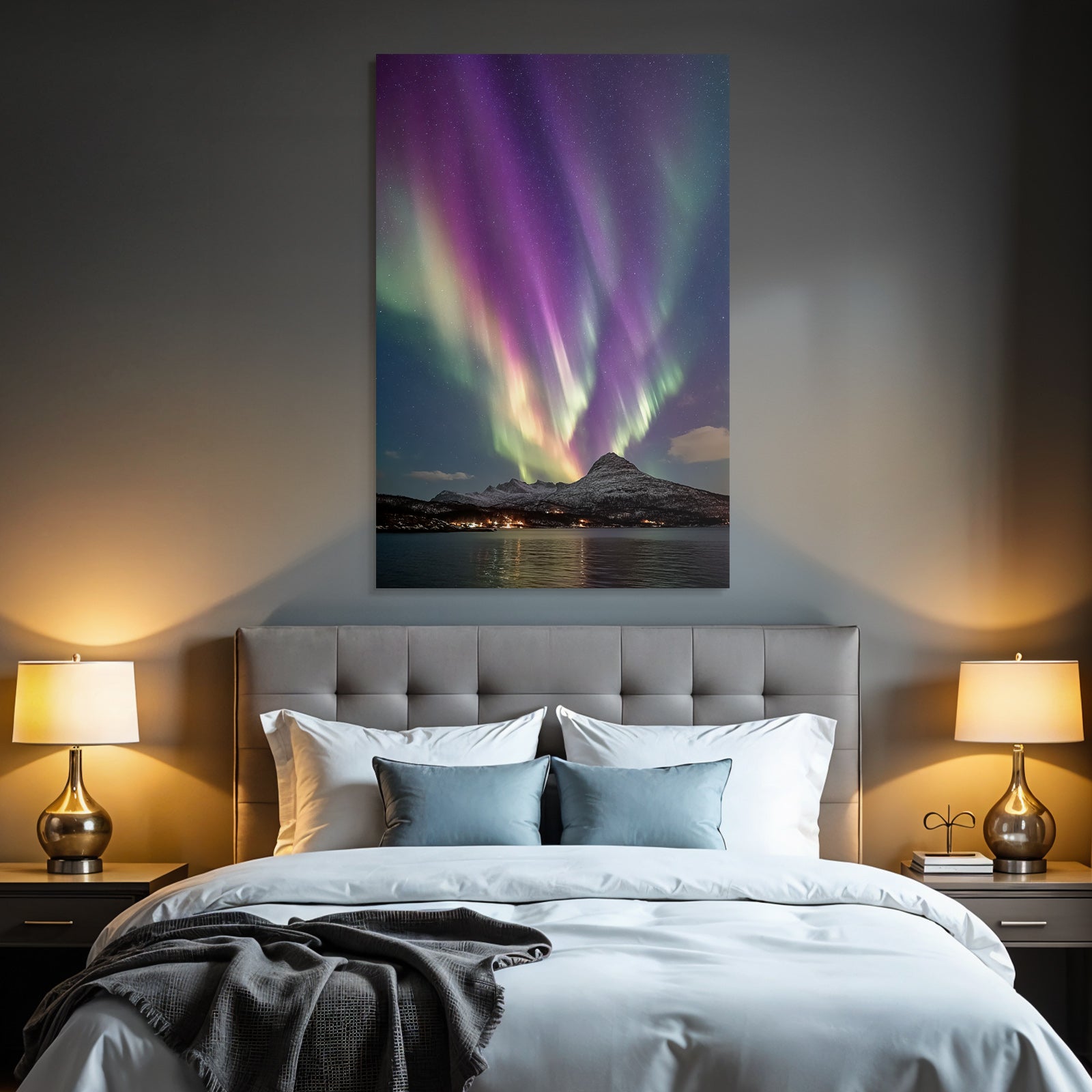 Polarlicht Nordlichlich Lichter Aurora Borealis Schneebedeckte Berge Und Wasser | Fjorde und Gletscher | Landschaften