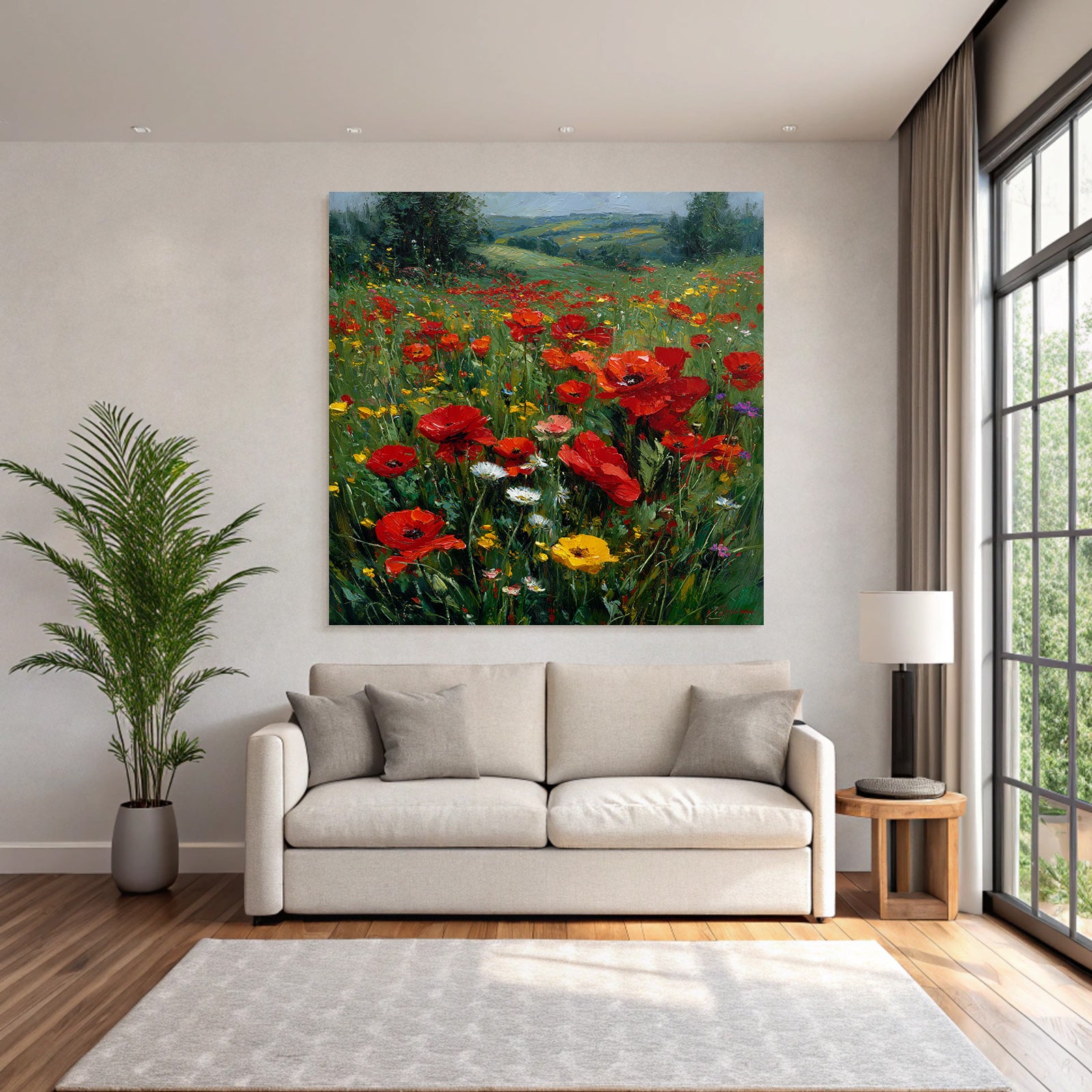 Impressionistische Wiese Mit Roten Mohn Und Bunten Wild