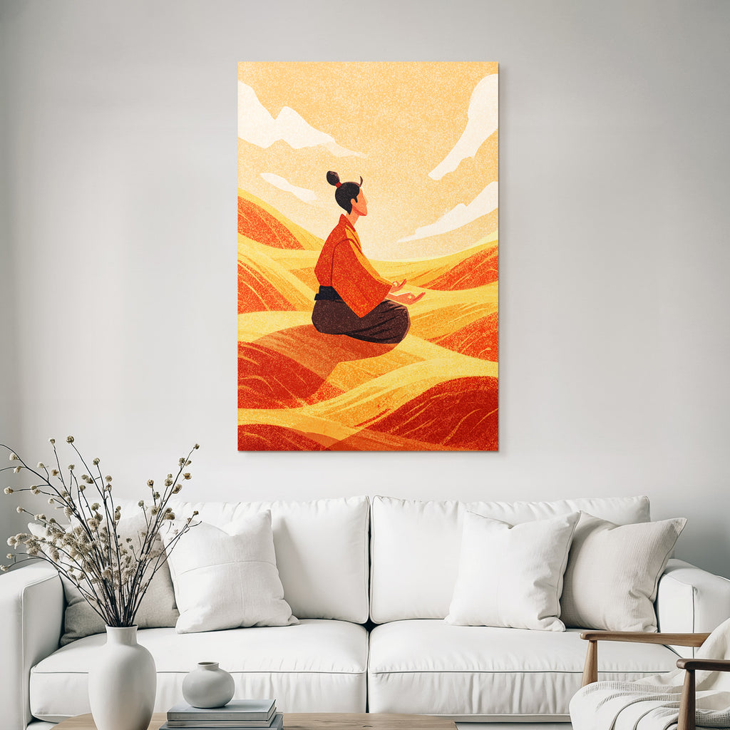 Yoga Meditation Meditierender Mensch In Stilvollem Landschaft Sanfte Hügel Orangener Himmel | Yoga und Meditation | Themen und Hobbys