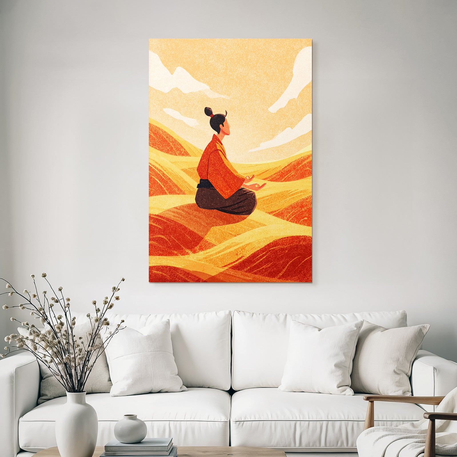 Yoga Meditation Meditierender Mensch In Stilvollem Landschaft Sanfte Hügel Orangener Himmel | Yoga und Meditation | Themen und Hobbys