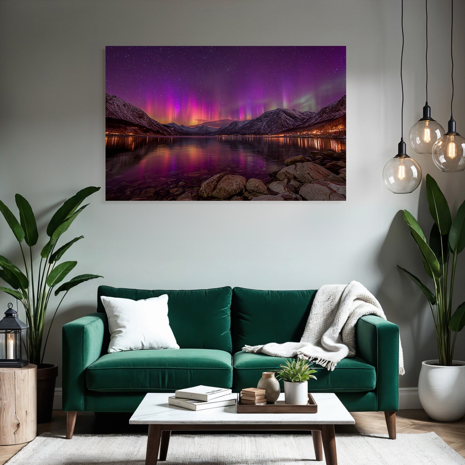 Polarlicht Aurora Borealis Über Einem See Mit Schneebedeckten Bergen | Fjorde und Gletscher | Landschaften