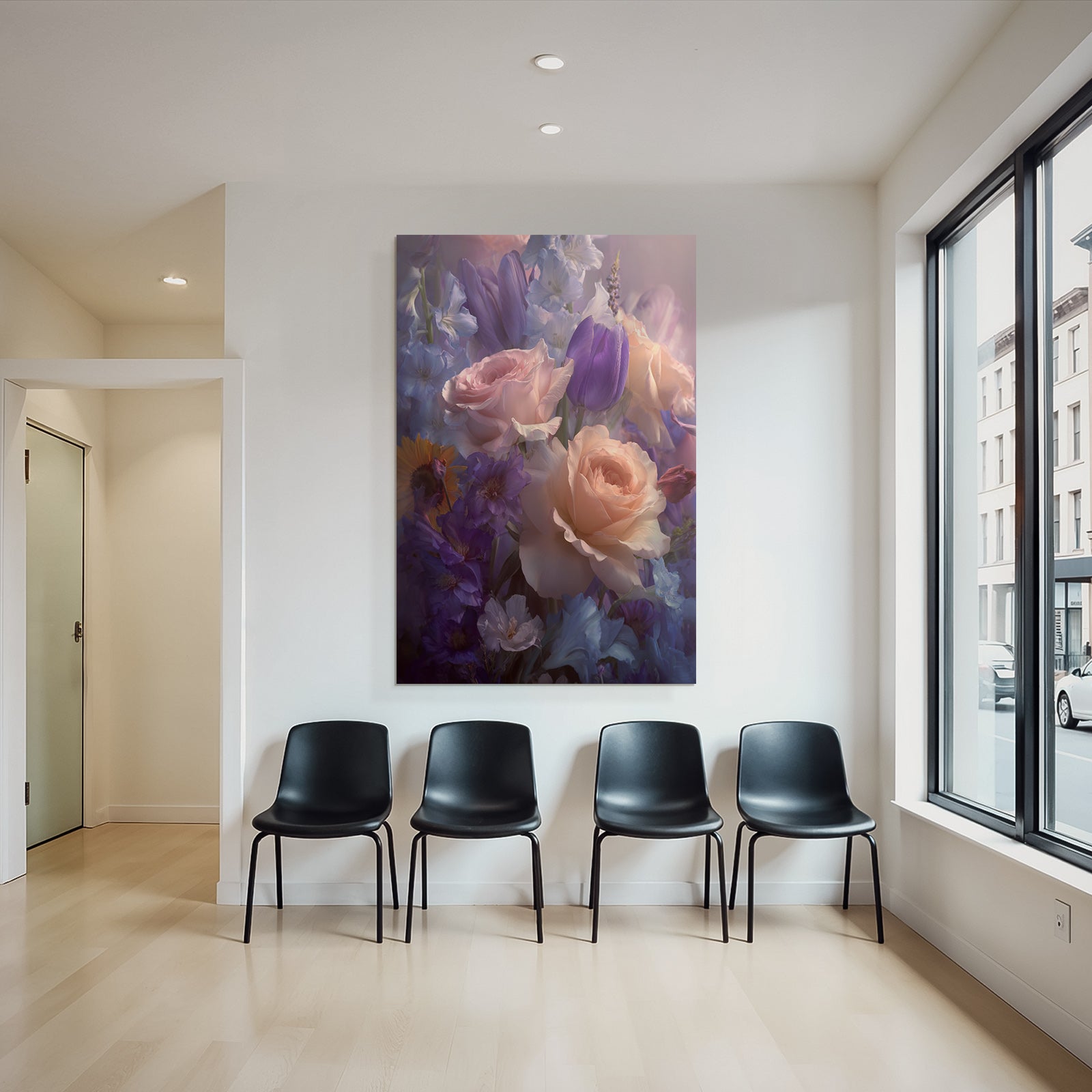 Romantische Florale Komposition Mit Pfirsichrosen Und Purpurtulpen