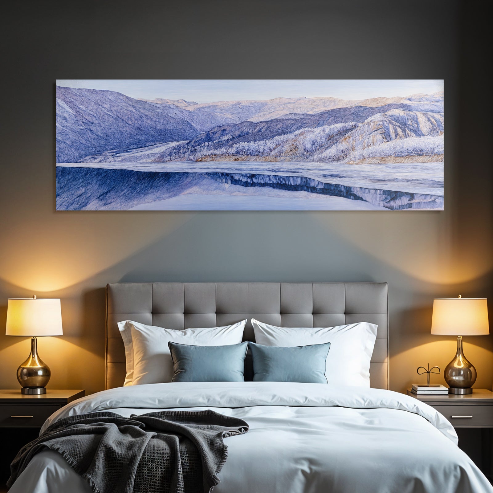 Polarlicht Bergige Landschaft Mit See Kalte Farben Kunstwerk | Fjorde und Gletscher | Landschaften