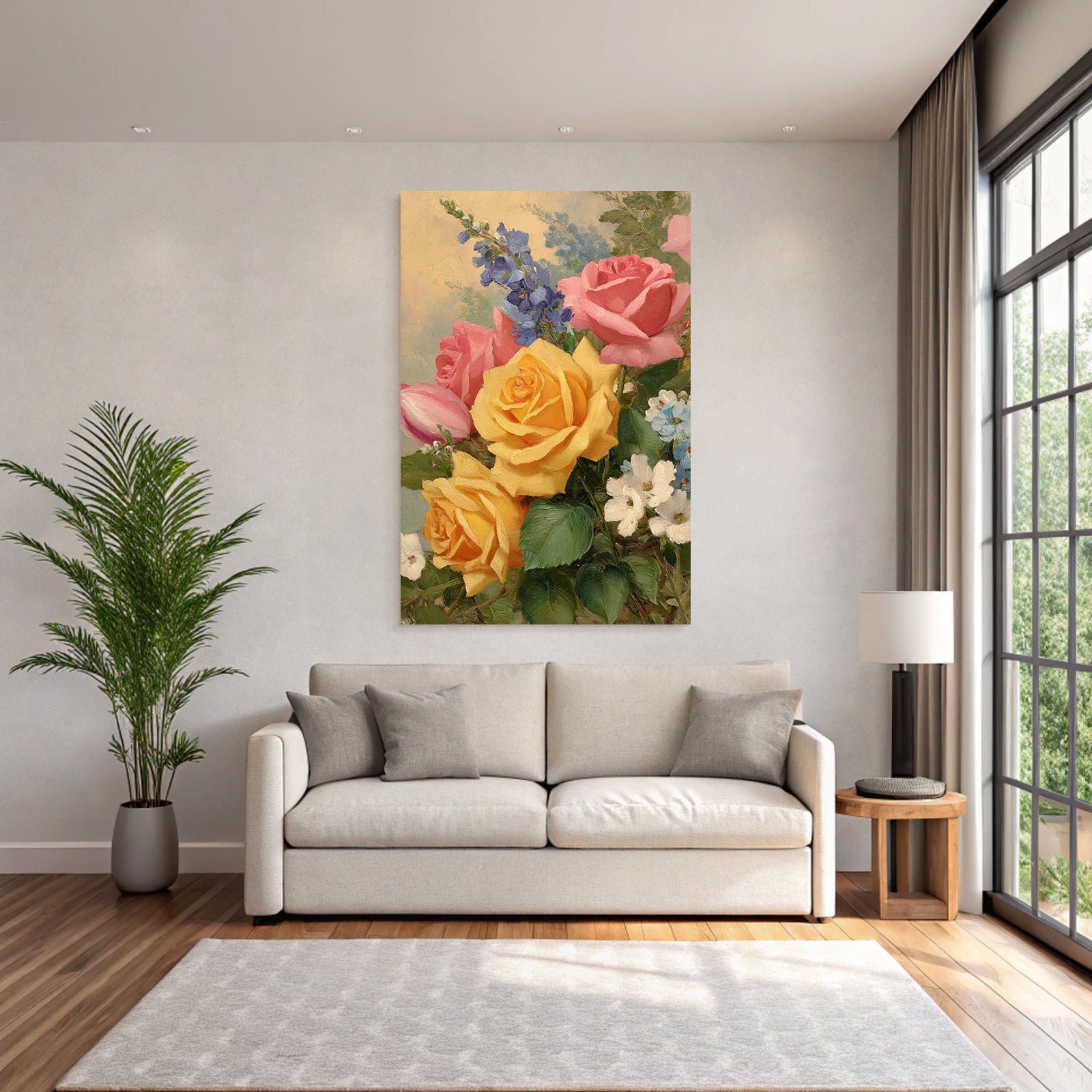 Wunderschöne Lebendige Gesteck Mit Rosen In Gelb Rosa Und Blüten Vor Hellem Hintergrund