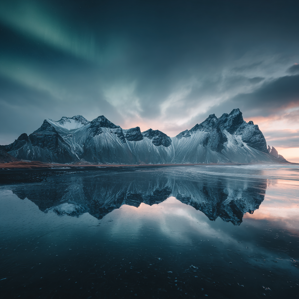 Polarlicht Dramatische Landlandschaft Mit Bergen Und Aurora Borealis | Fjorde und Gletscher | Landschaften