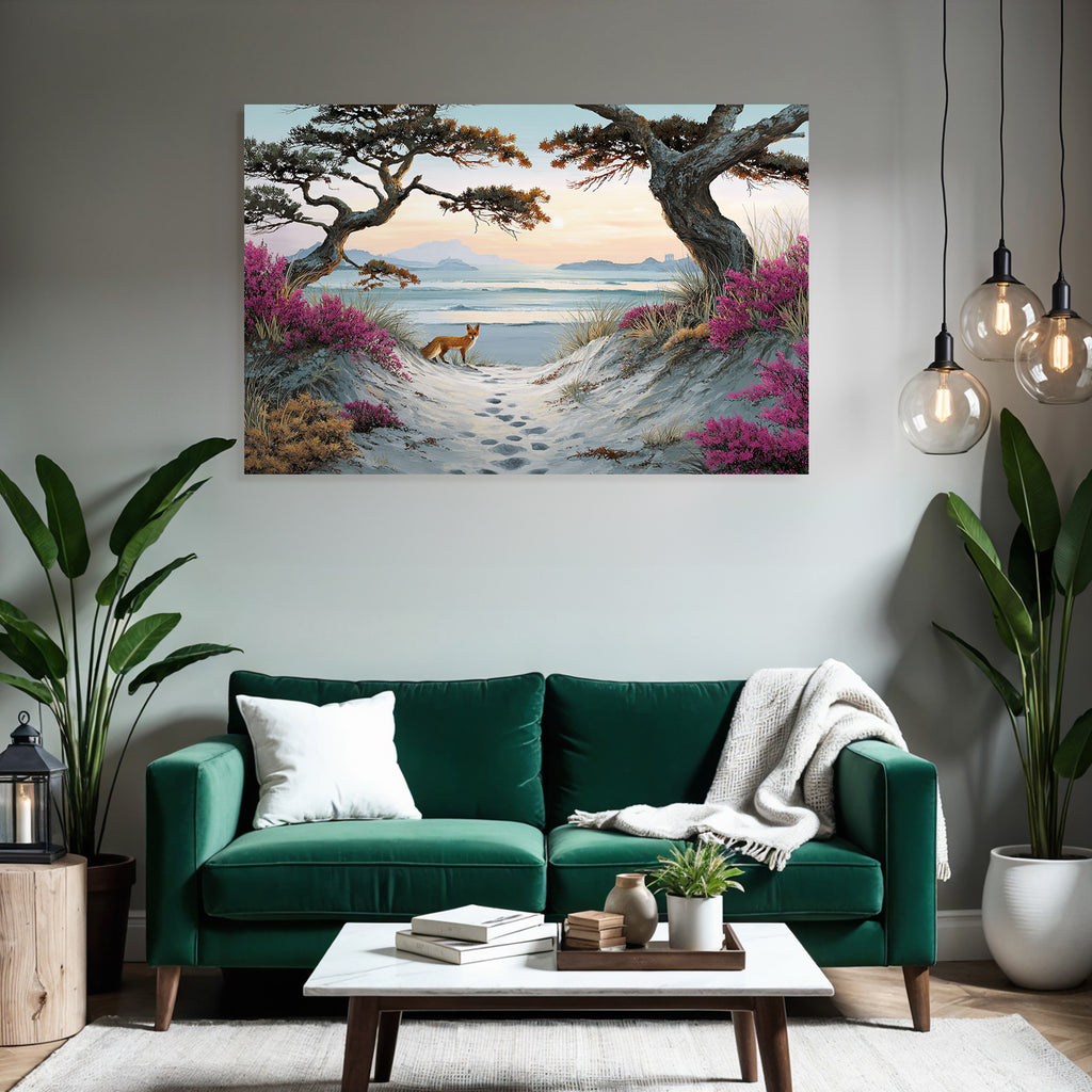 Szenenlandschaft Mit Strand Und Fox Unter Bergen Und Blumen | Duenen und Heide | Landschaften