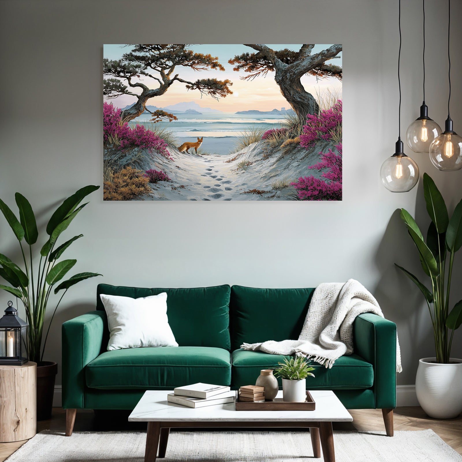 Szenenlandschaft Mit Strand Und Fox Unter Bergen Und Blumen | Duenen und Heide | Landschaften