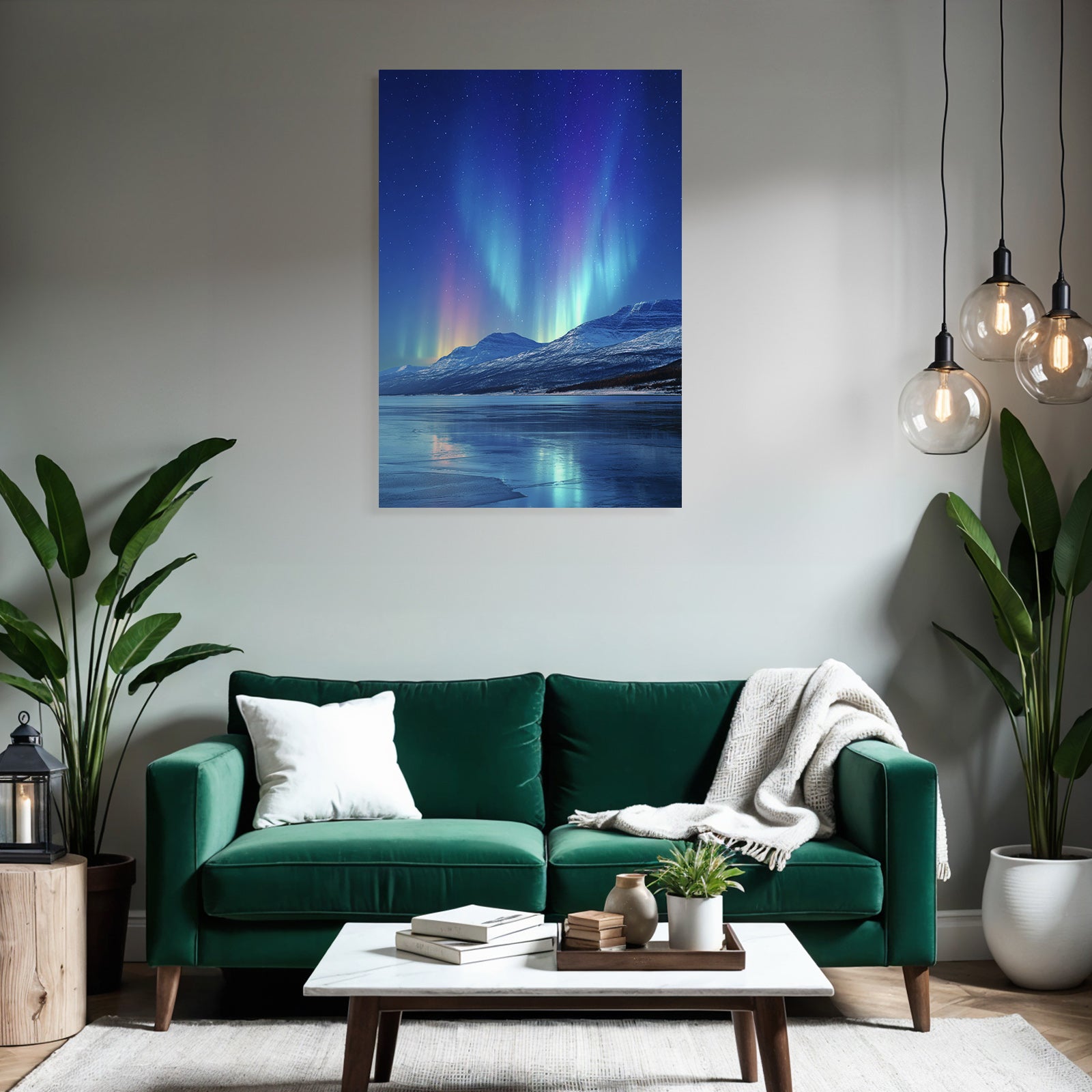 Polarlicht Aurora Borealis Nachtlandschaft Schneebedeckte Berge Reflektion Wasser | Fjorde und Gletscher | Landschaften