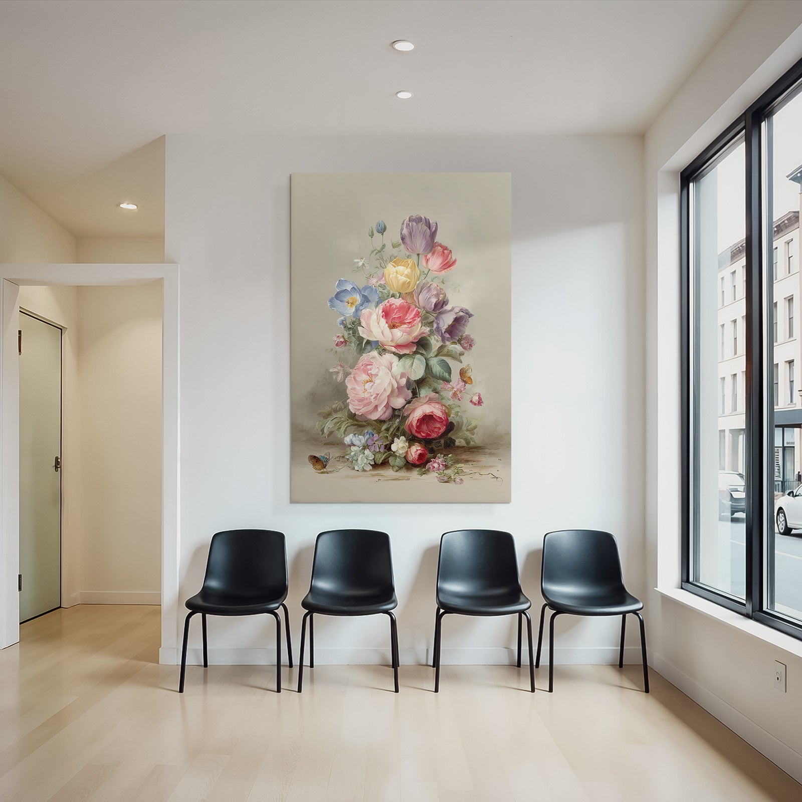 Kunstvoller Bunter Strauss Mit Schmetterlingen Saftigen Grünen Blättern Und Blüten