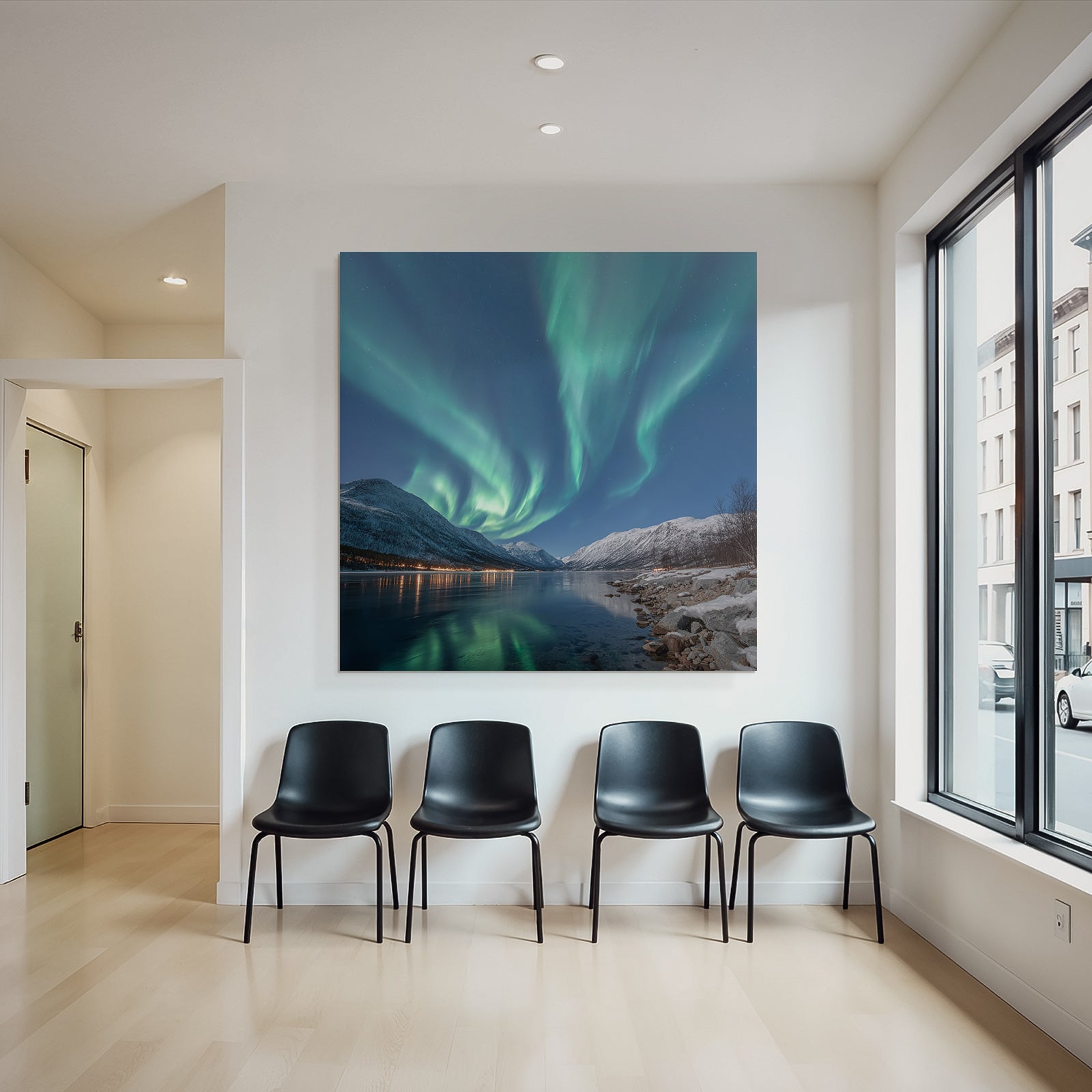 Polarlicht Aurora Borealis Nachtlandschaft Mit Reflexionen In Klarem Wasser | Fjorde und Gletscher | Landschaften