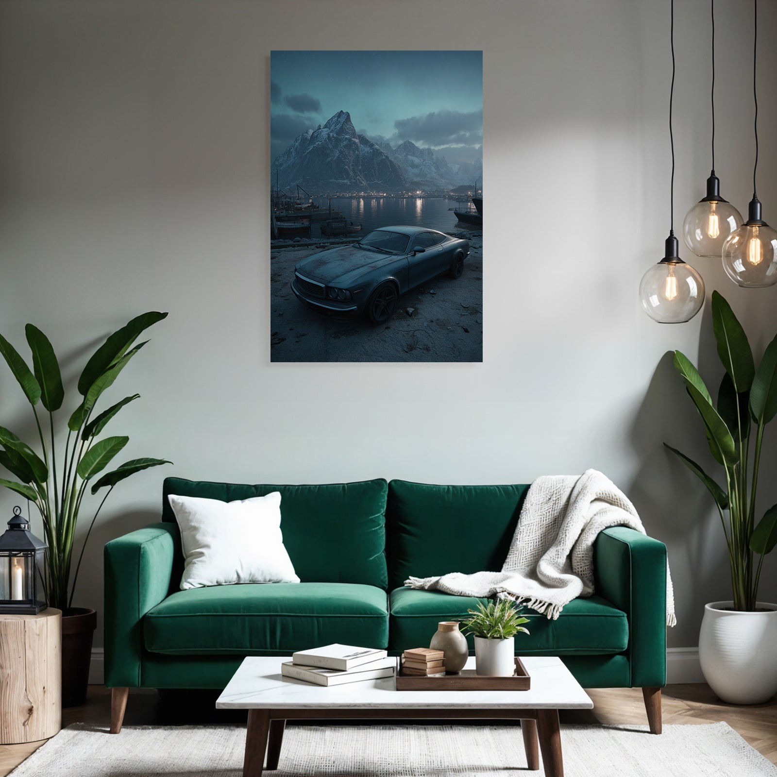 Polarlicht Vintage Auto Hafen Hintergrund Schneebedeckte Berge Sonnenuntergang | Fjorde und Gletscher | Landschaften