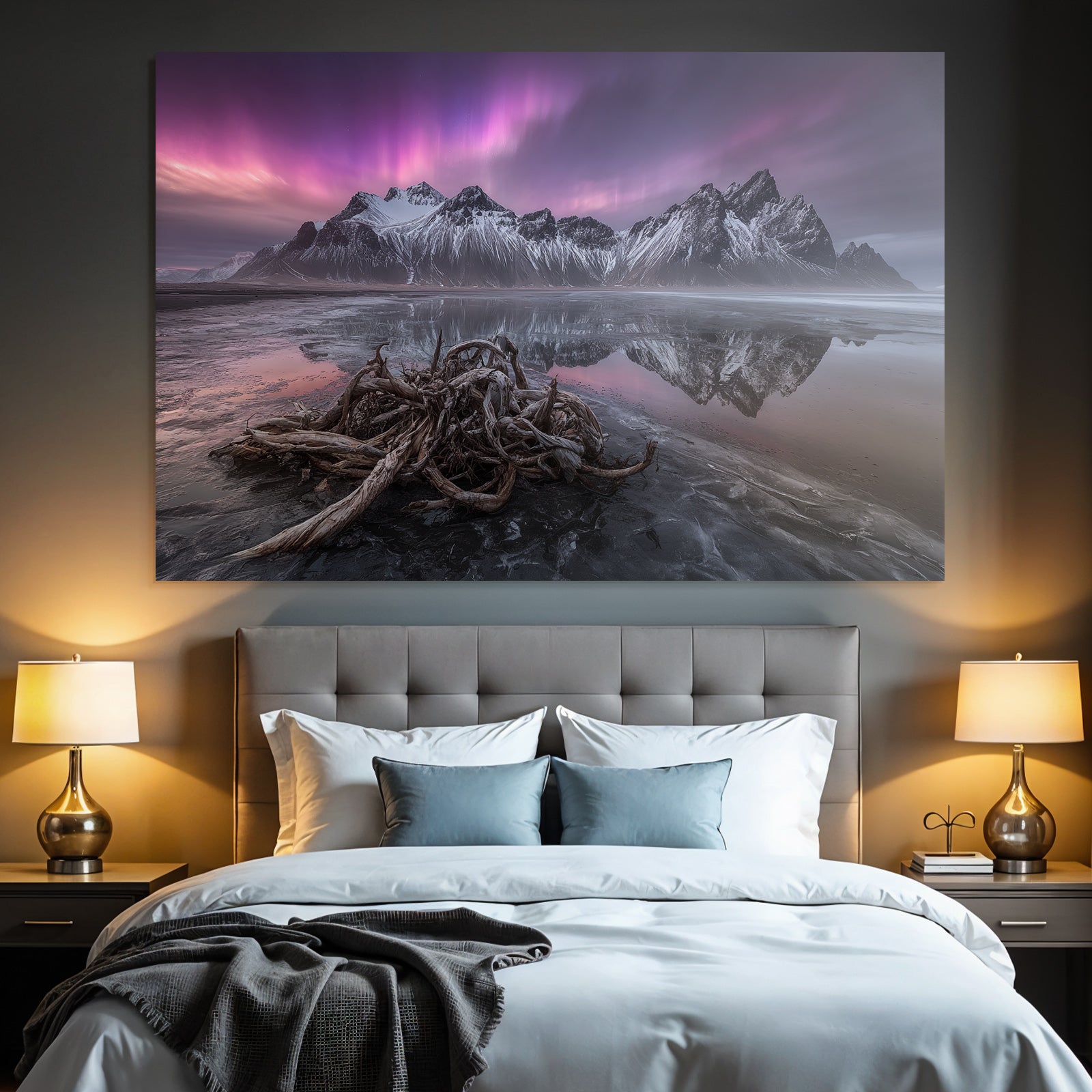 Polarlicht Schneebedeckte Berge Reflexion Im Wasser Atemberaubende Landschaft Sonnenaufgang Sonnenuntergang | Fjorde und Gletscher | Landschaften