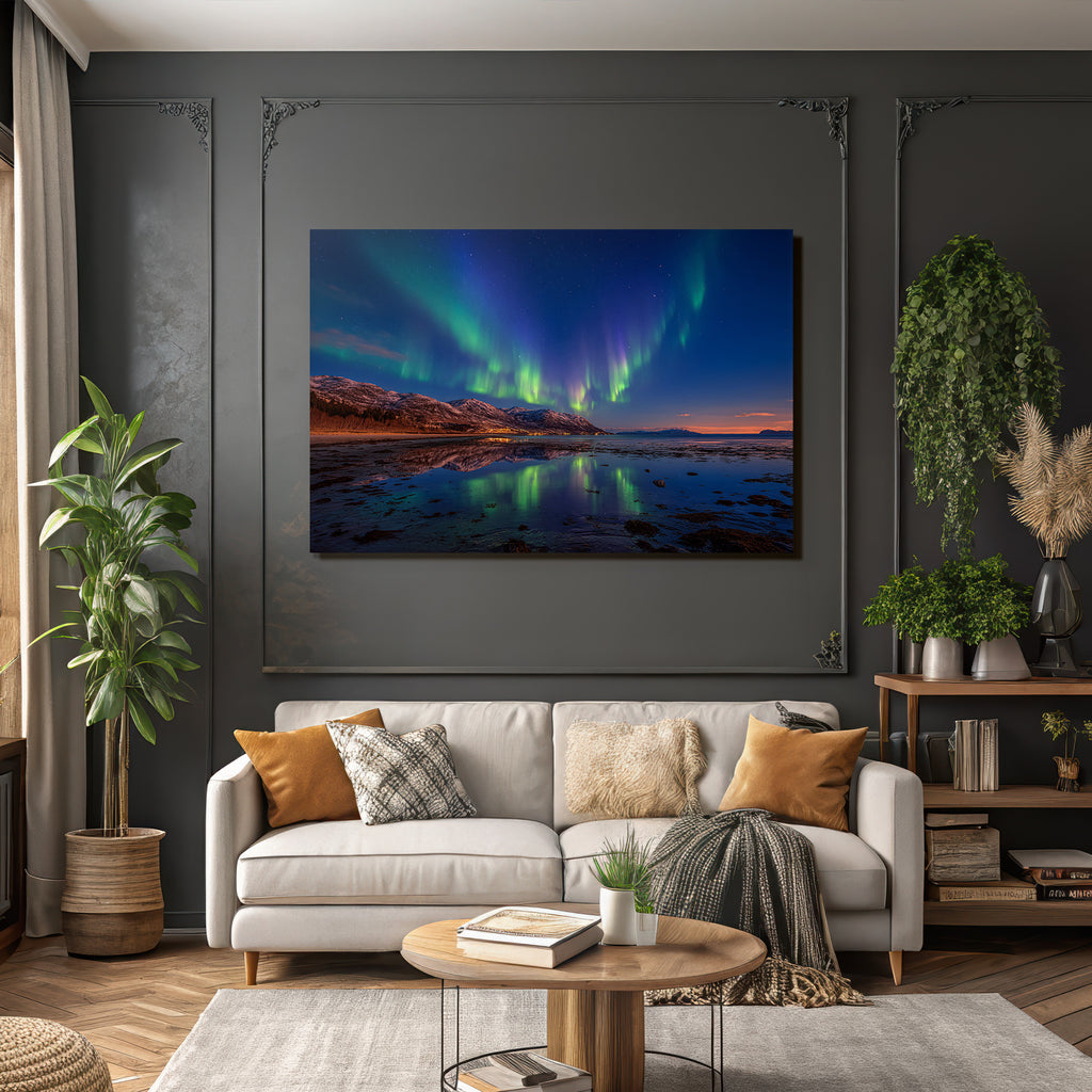 Polarlicht Nordlichter Aurora Borealis Nacht Himmel Reflexion Wasser Schneebedeckte Berge | Fjorde und Gletscher | Landschaften