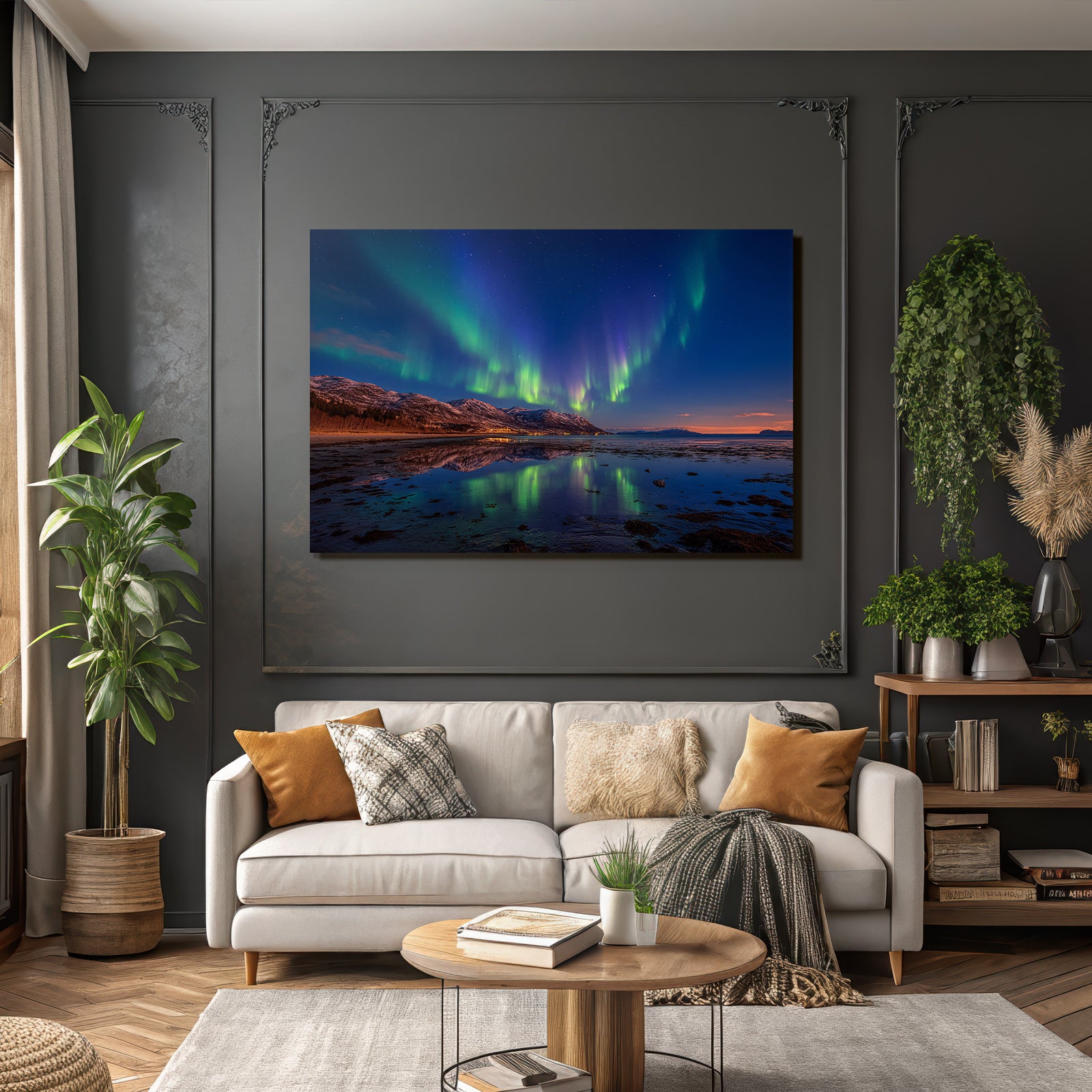 Polarlicht Nordlichter Aurora Borealis Nacht Himmel Reflexion Wasser Schneebedeckte Berge | Fjorde und Gletscher | Landschaften