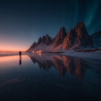 Polarlicht Atemberaubende Landschaft Mit Bergen Und Reflektion Im Wasser Bei Twilight | Fjorde und Gletscher | Landschaften
