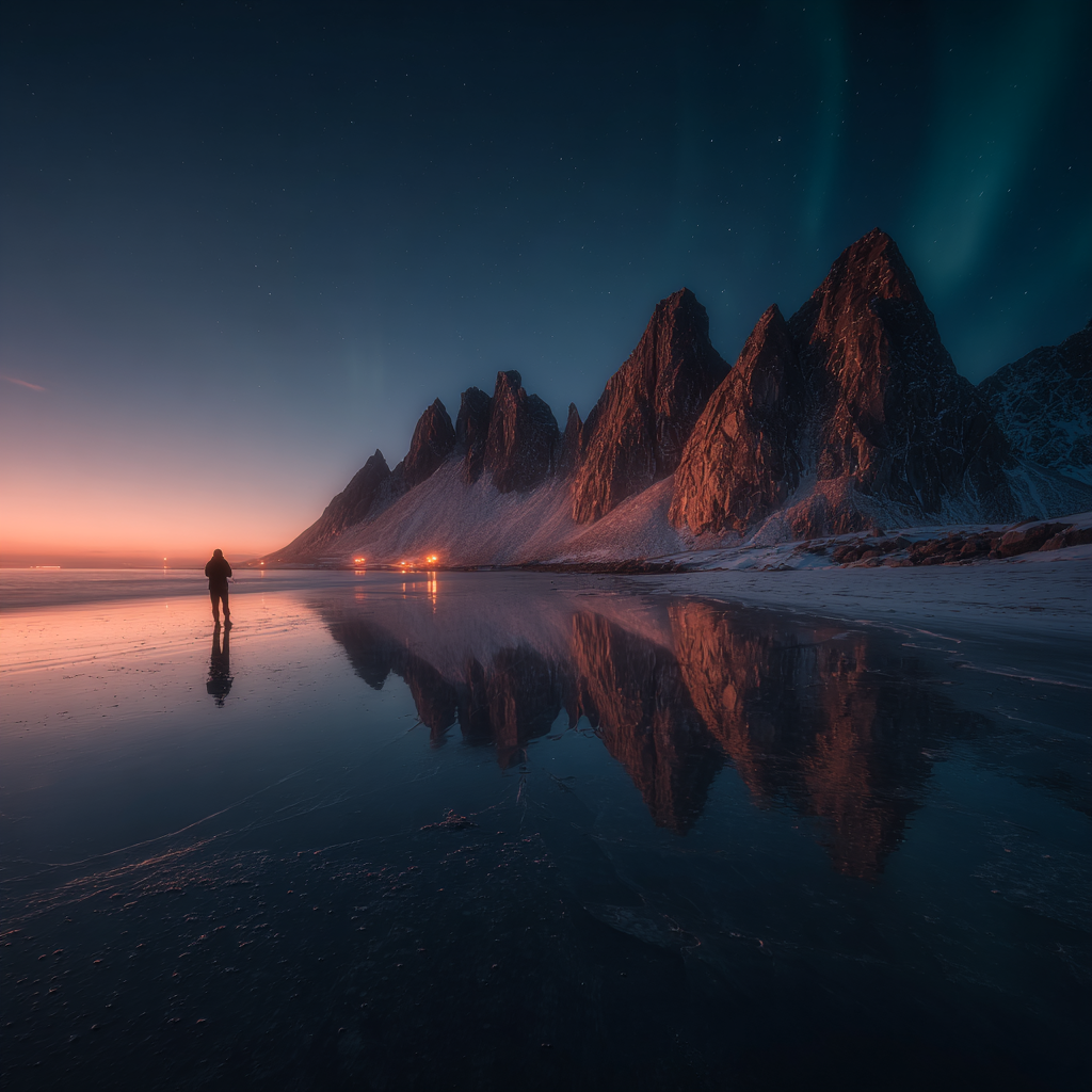 Polarlicht Atemberaubende Landschaft Mit Bergen Und Reflektion Im Wasser Bei Twilight | Fjorde und Gletscher | Landschaften
