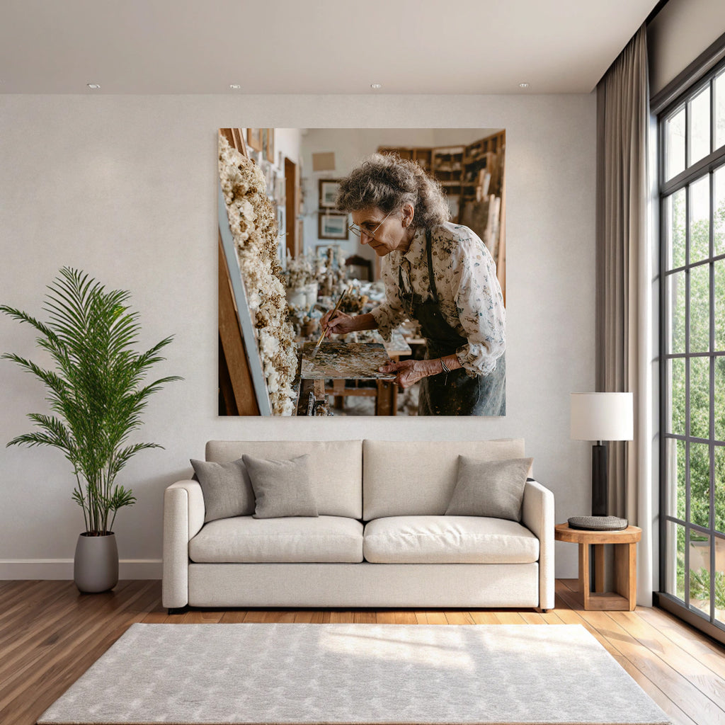 Trocken Retro Flowers Ältere Frau In Einem Kunststudio Beim Malen
