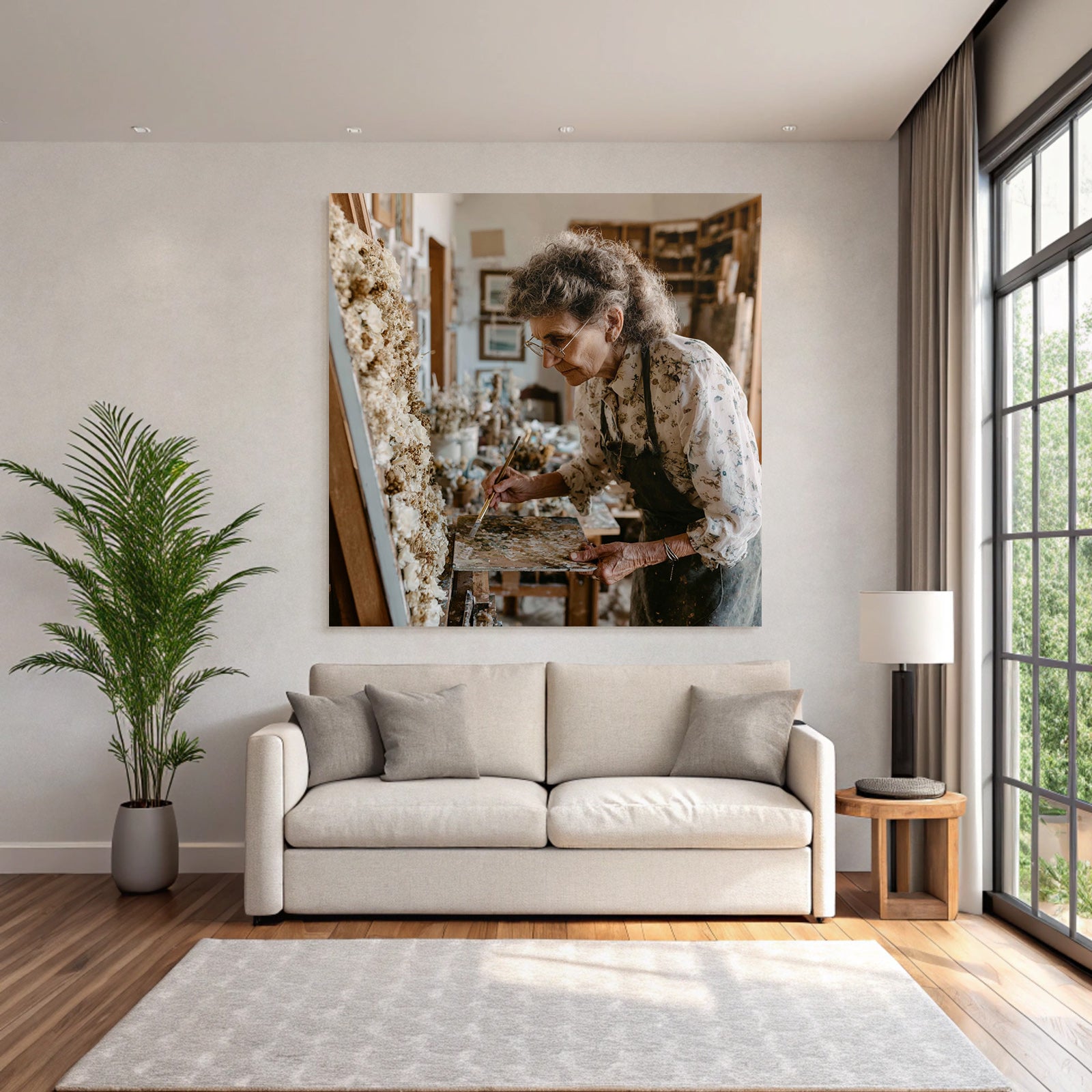 Trocken Retro Flowers Ältere Frau In Einem Kunststudio Beim Malen