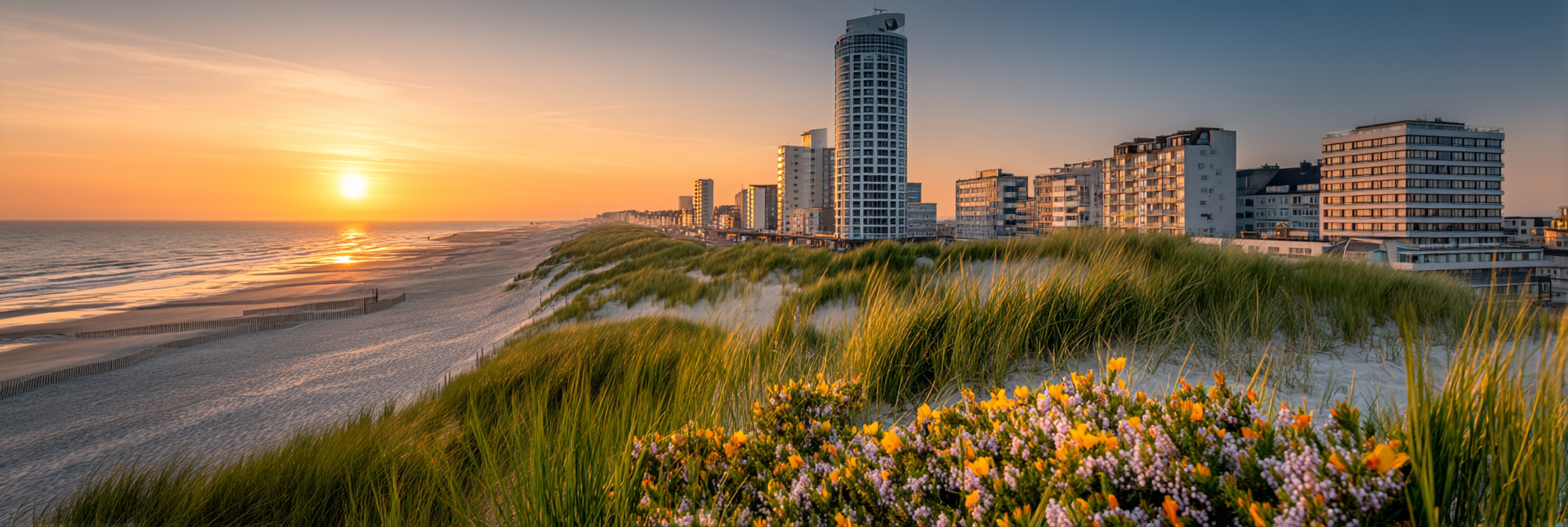 Küstensonnenuntergang Moderne Stadt Blumen Strand | Duenen und Heide | Landschaften