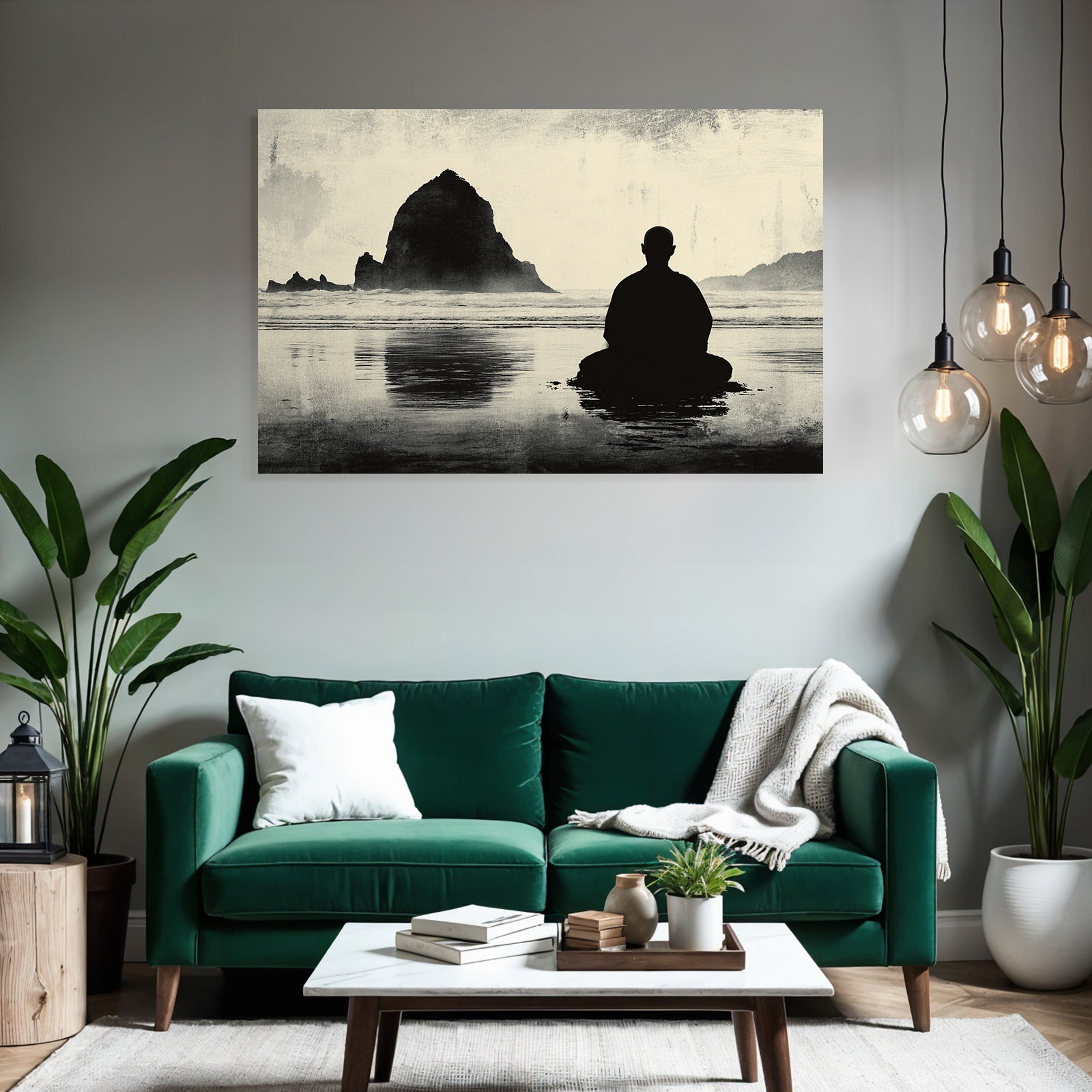 Yoga Meditation Meditierende Person Am Ozean Mit Felseninsel Hintergrund Ruhige Stimmung | Yoga und Meditation | Themen und Hobbys