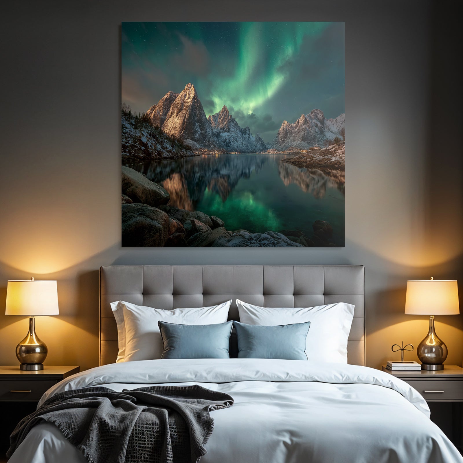 Polarlicht Schneebedeckte Berge Nordlichter Spiegelung Wasser Nachtlandschaft | Fjorde und Gletscher | Landschaften