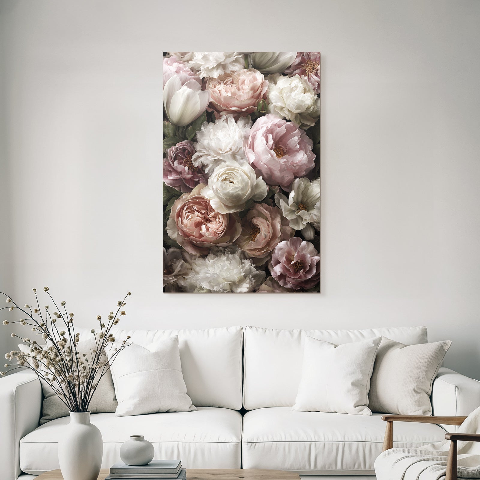 Arrangement Mit Pfingstrosen Und Tulpen Vor Dunklem Hintergrund