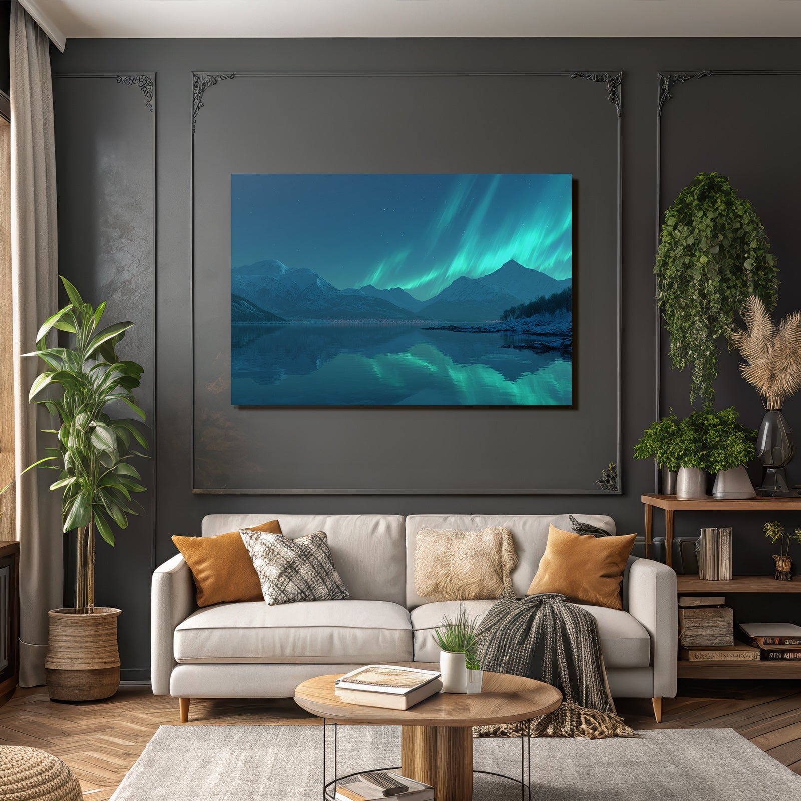 Polarlicht Schneebedeckte Berge Ruhe Im Wasser Aurora Borealis Nacht Szene | Fjorde und Gletscher | Landschaften