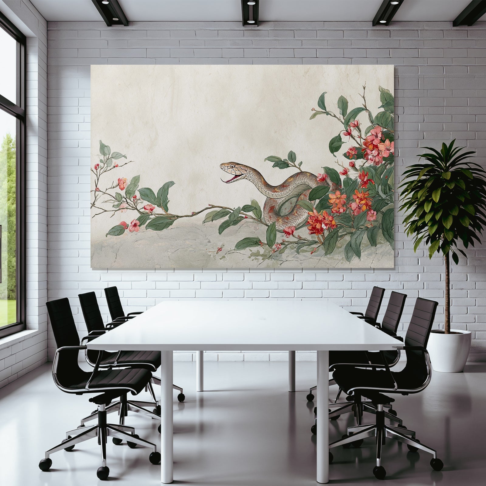 Schlange Mit Bluhenden Blüten Und Blättern Im Botanischen Stil