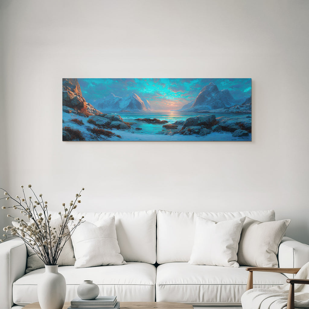 Polarlicht Gebirgslandschaft Mit Wasser Und Farbigem Himmel Sonnenaufgang Sonnenuntergang | Fjorde und Gletscher | Landschaften