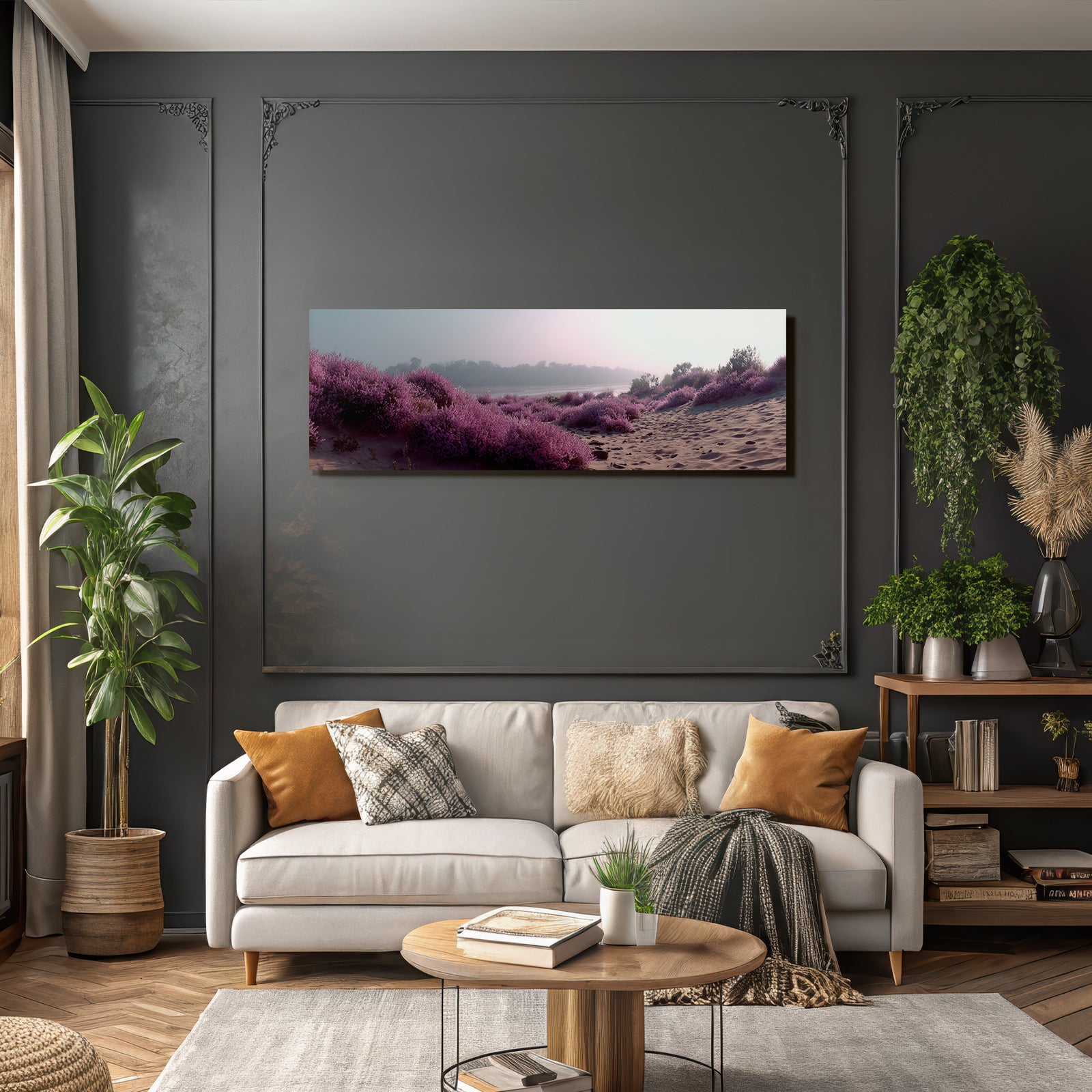 Tranquile Landschaft Mit Lila Blumen Nebeliger Hintergrund | Duenen und Heide | Landschaften