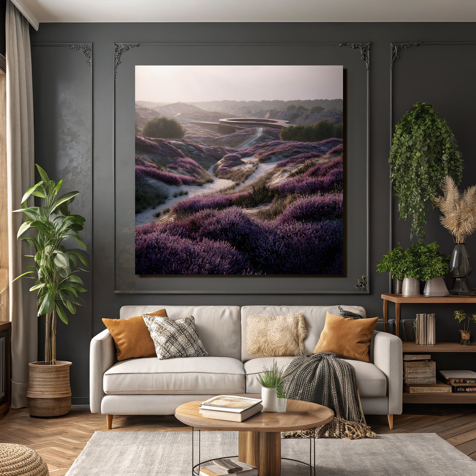 Landschaft Mit Heideblumen Modernen Architektur Dawn Dusk | Duenen und Heide | Landschaften