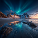 Polarlicht Nordlich Landschaft Mit Aurora Borealis Am Ufer | Fjorde und Gletscher | Landschaften
