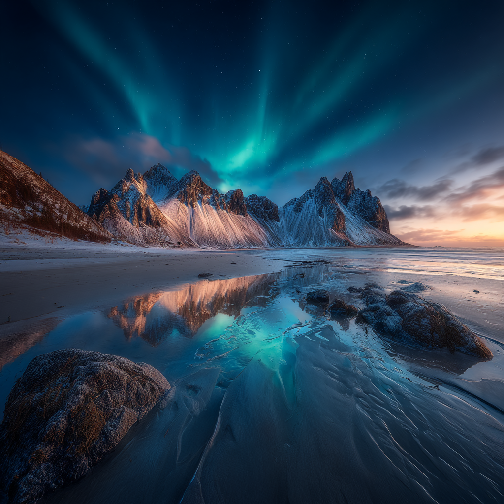 Polarlicht Nordlich Landschaft Mit Aurora Borealis Am Ufer | Fjorde und Gletscher | Landschaften