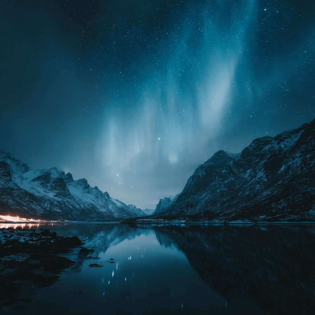 Polarlicht Nightszenen Mit Auroren Und Reflektierendem Wasser Im Gebirge | Fjorde und Gletscher | Landschaften