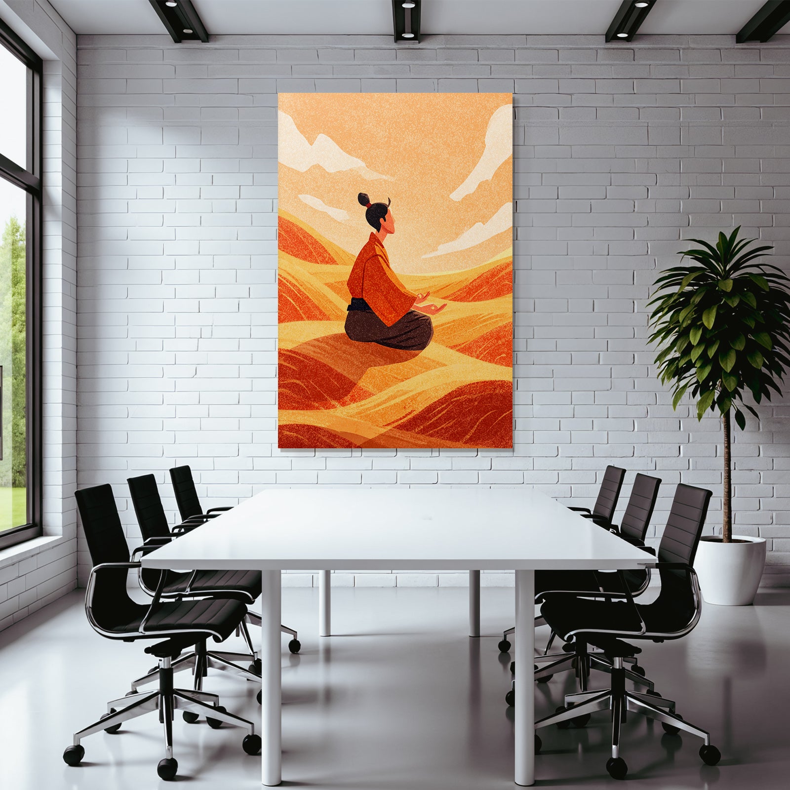 Yoga Meditation Meditierender Mensch In Stilvollem Landschaft Sanfte Hügel Orangener Himmel | Yoga und Meditation | Themen und Hobbys